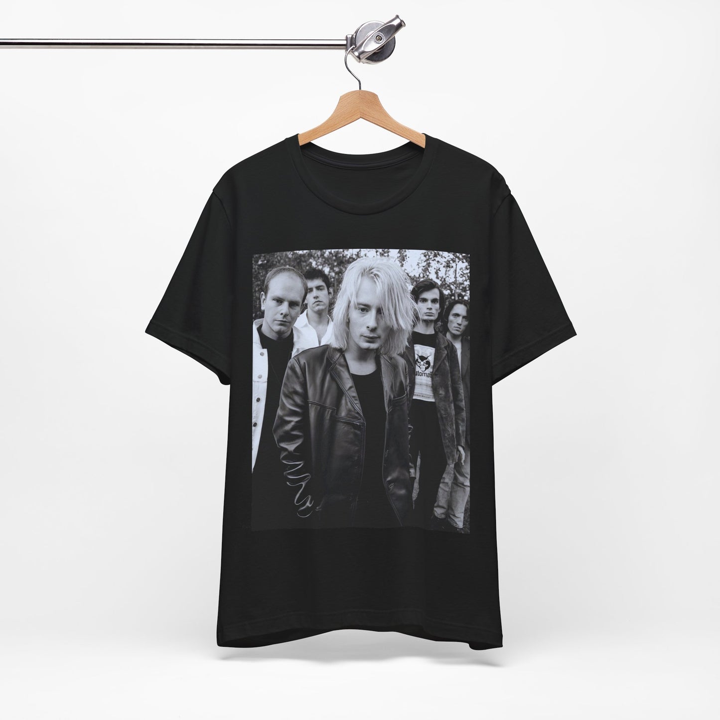A black graphic t-shirt featuring a cool experimental rock graphic of Radiohead.