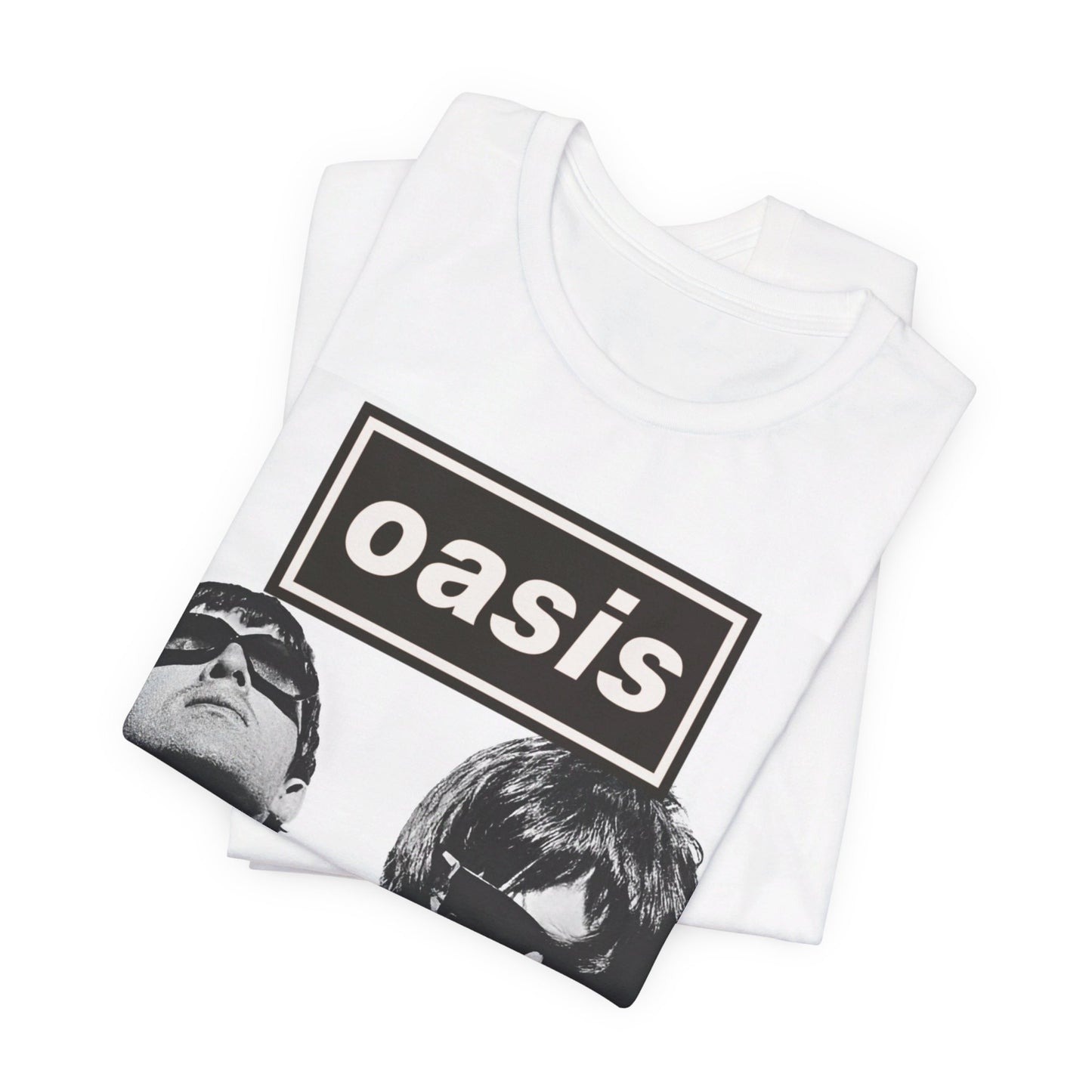 A black graphic t-shirt featuring a bold rock superstar graphic of Oasis.