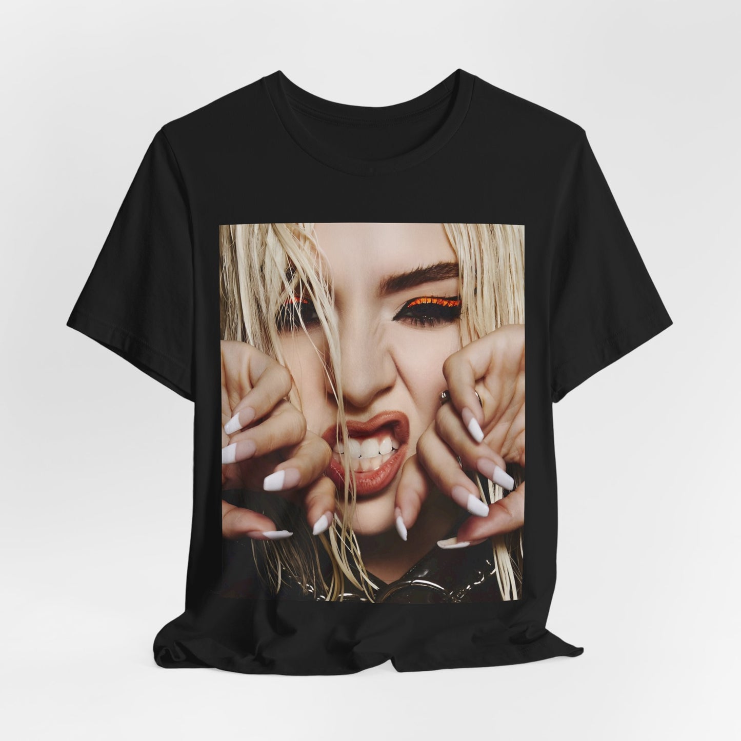 A black graphic t-shirt featuring a graphic of Ava Max with a pop punk aesthetic, possibly with bold lines, vibrant colors, or edgy elements.