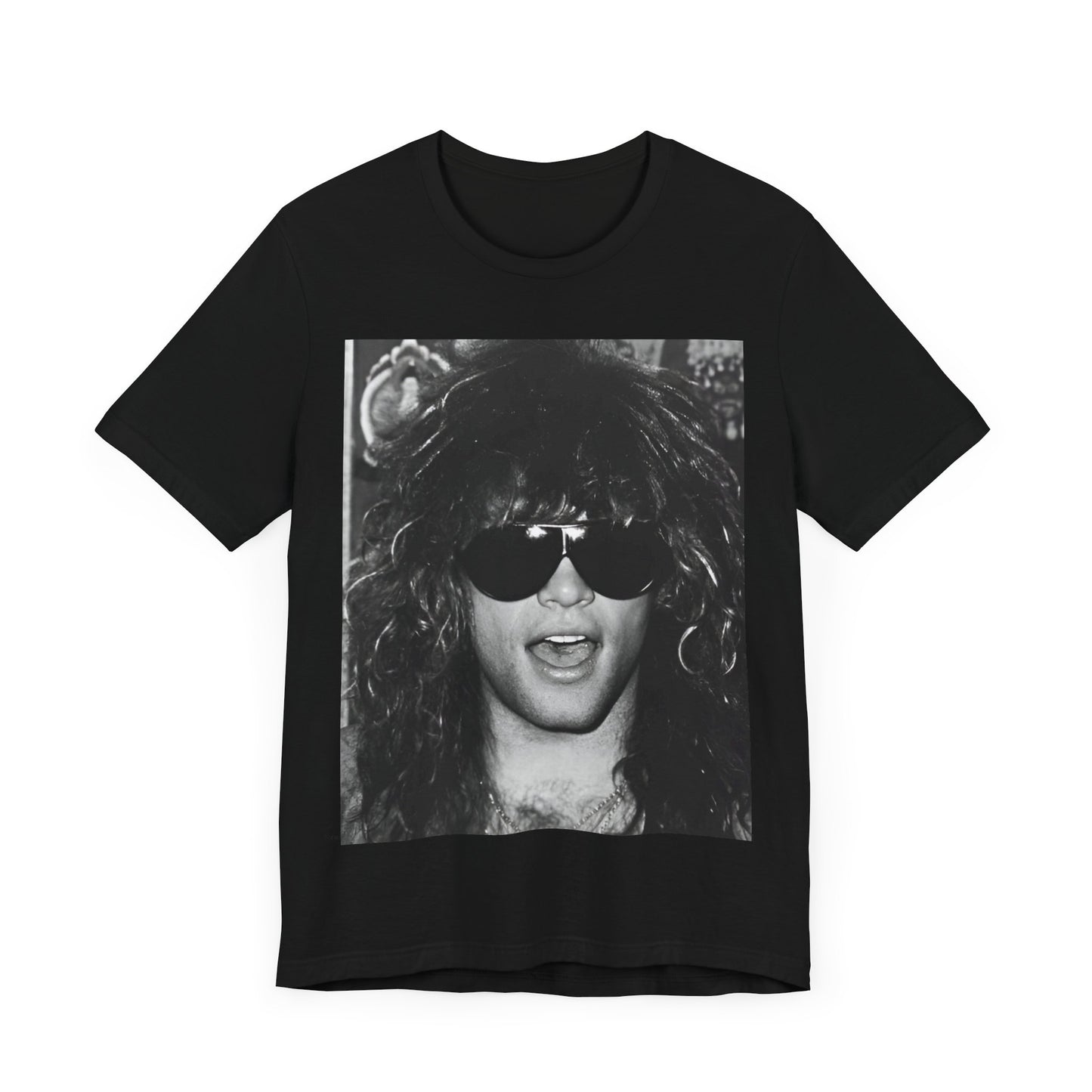 A black graphic t-shirt featuring a graphic or photo of Bon Jovi in a backstage setting.