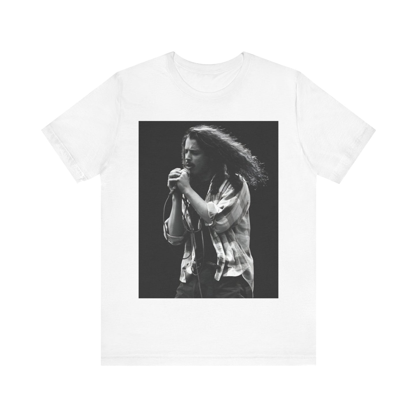 A black graphic t-shirt featuring a black and white graphic of Chris Cornell from 1996.