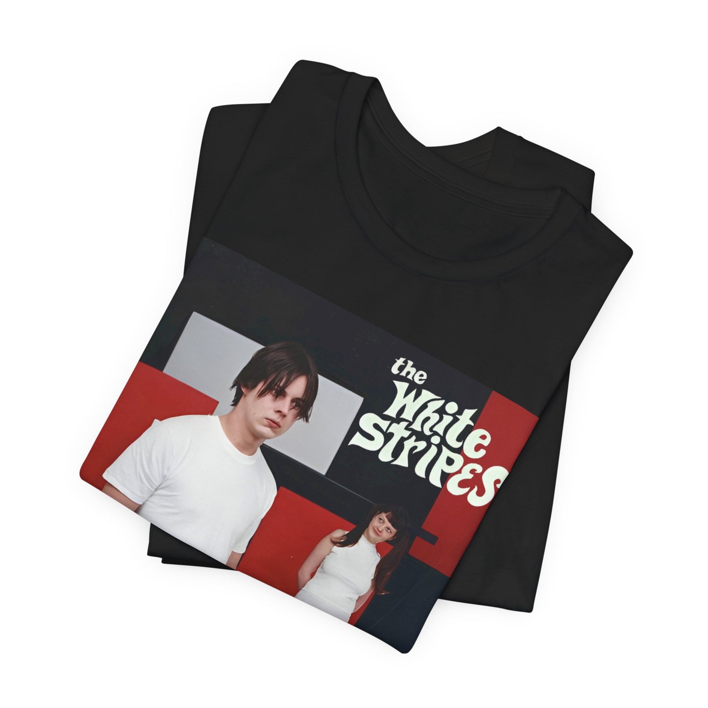 A black graphic t-shirt featuring a red and white aesthetic graphic of The White Stripes.