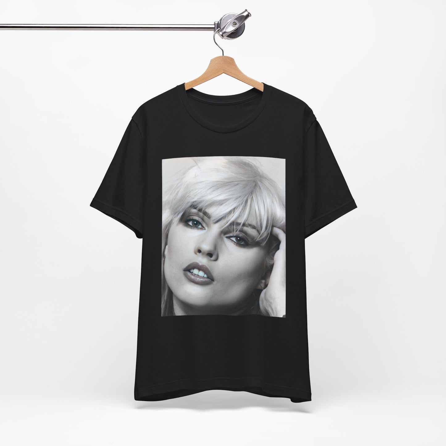 A black graphic t-shirt featuring an iconic black and white portrait photo of Debbie Harry from Blondie.