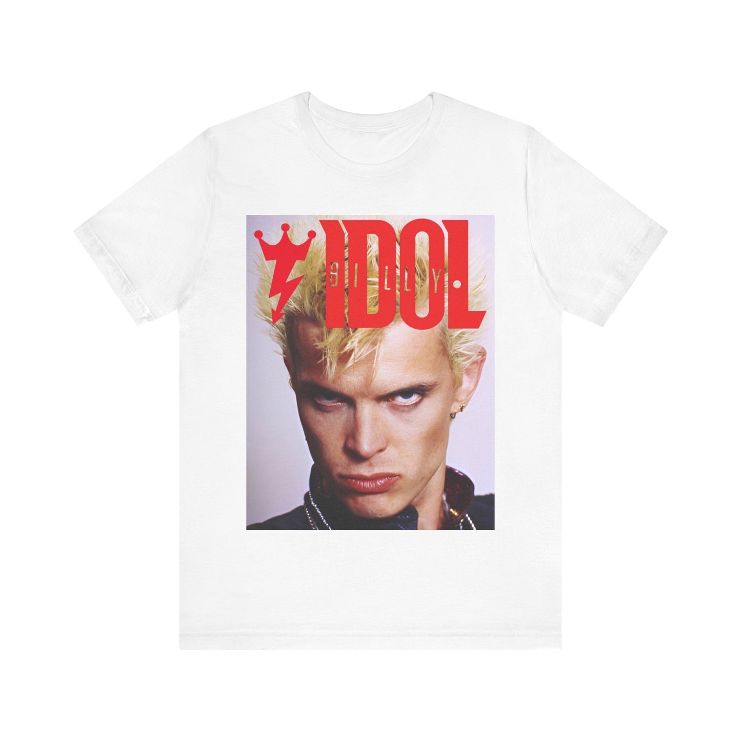 A black graphic t-shirt featuring a graphic inspired by Billy Idol's 'Rebel Yell' album or era.