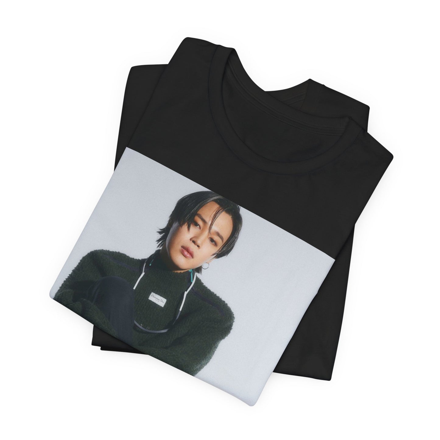 A black graphic t-shirt featuring a modern K-Pop essential graphic of Jimin.