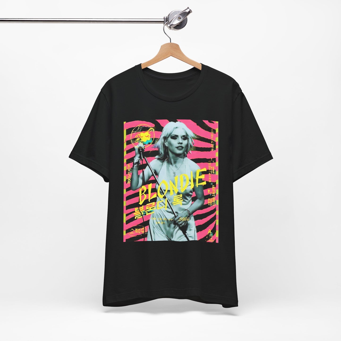 A black graphic t-shirt featuring a retro 70s pop art style graphic of Blondie.
