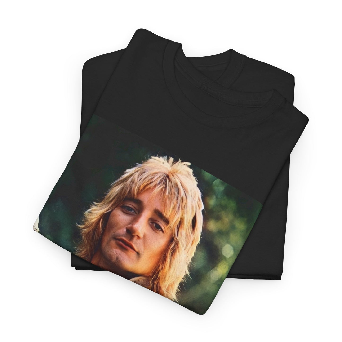 A black graphic t-shirt featuring a graphic of Rod Stewart with a beer pint.