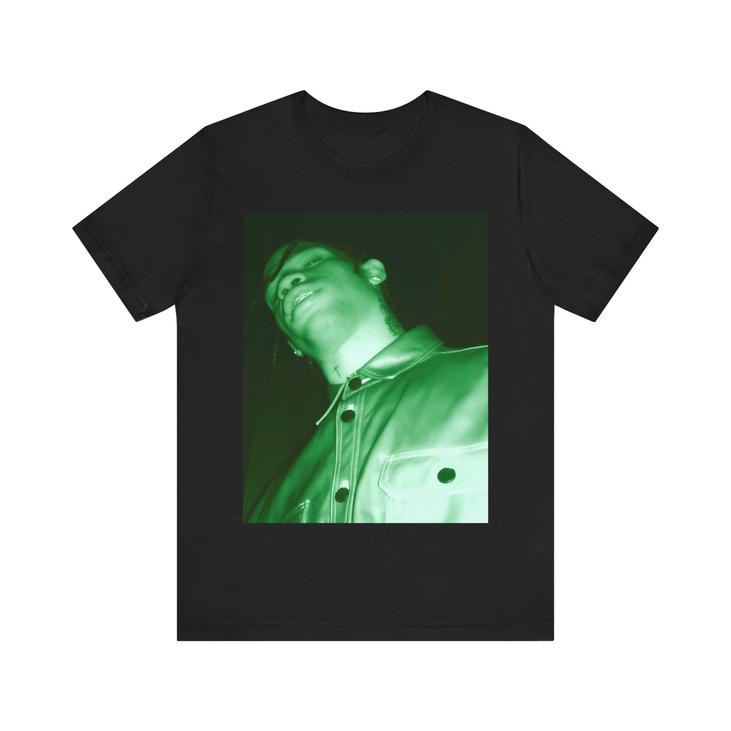 A black graphic t-shirt featuring a graphic of Travis Scott with psychedelic trap vibes.