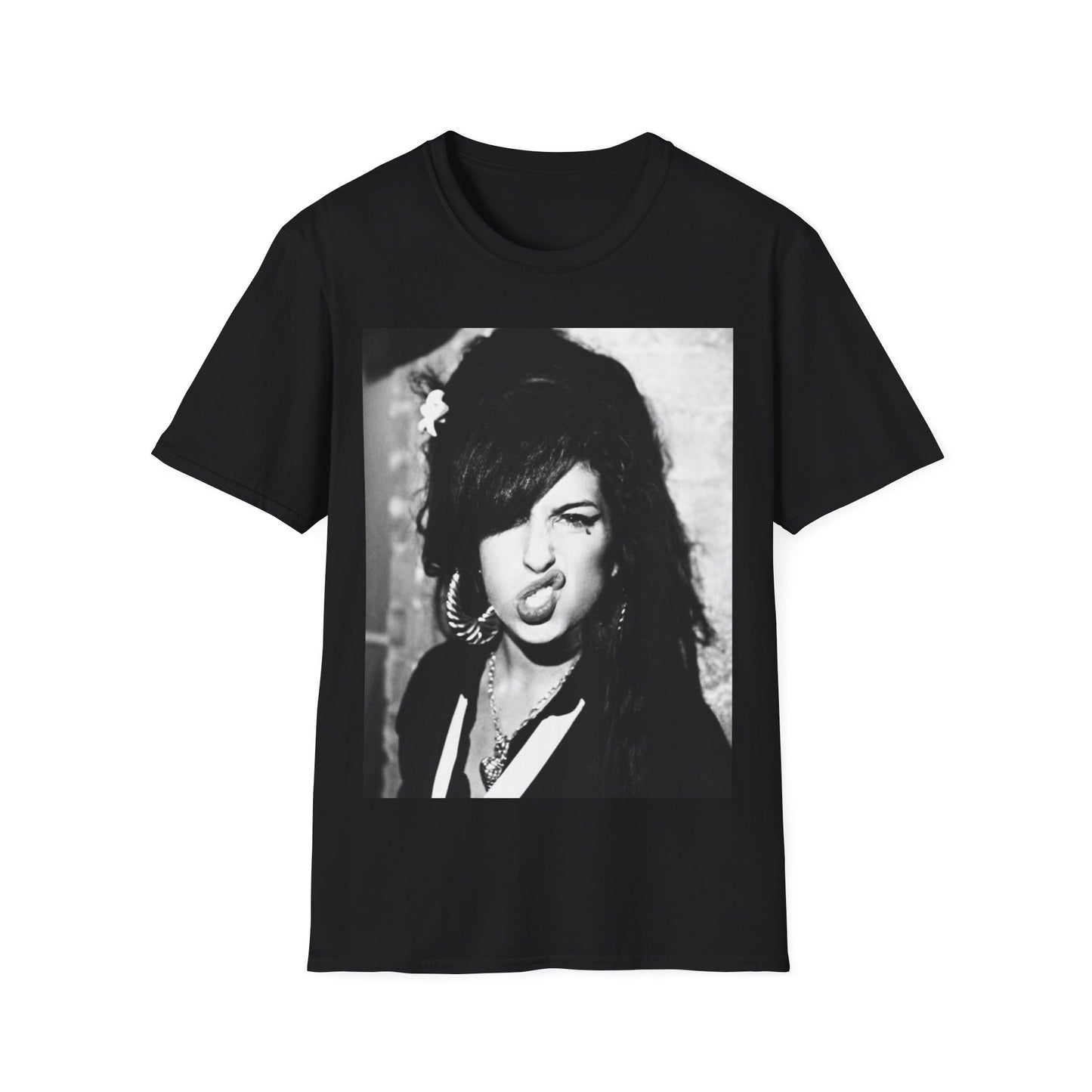 A black graphic t-shirt featuring a bold graphic of Amy Winehouse, possibly with text like "Bad Girl" or a rebellious pose.