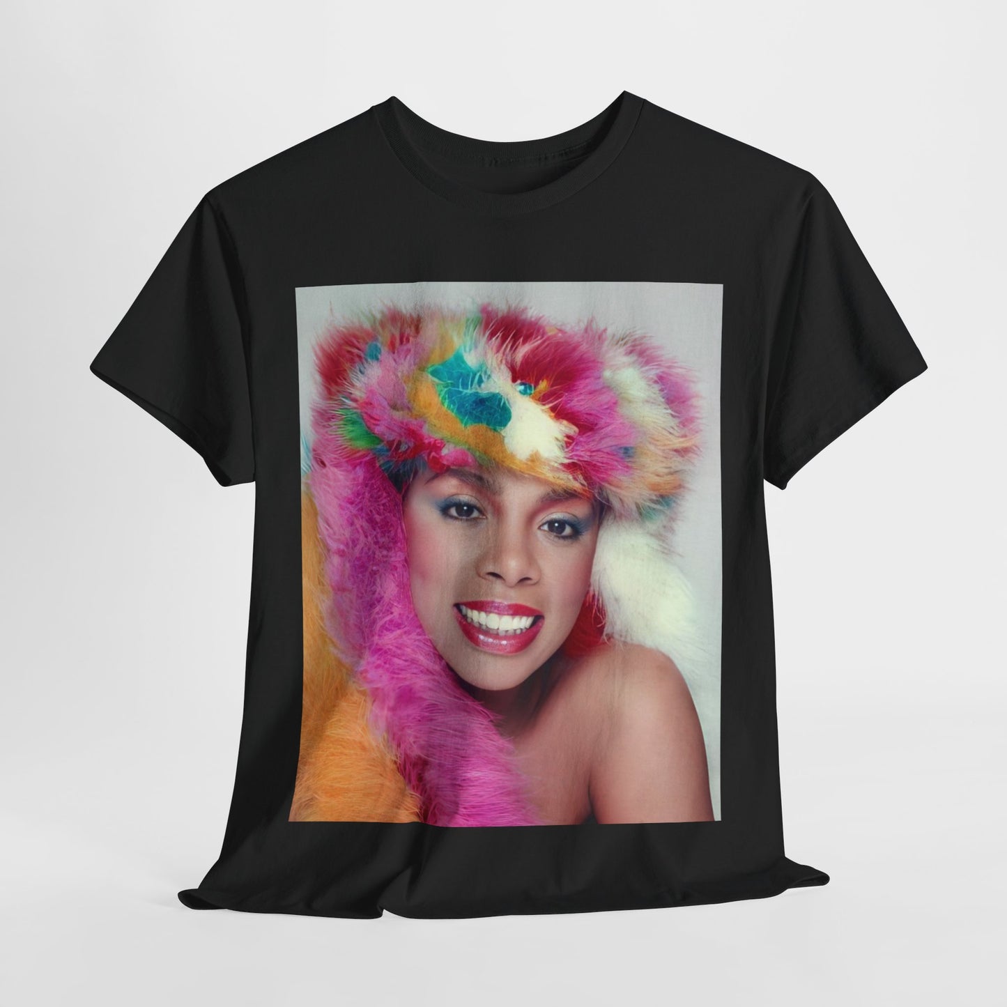A black graphic t-shirt featuring a 70s disco pop graphic of Donna Summer.