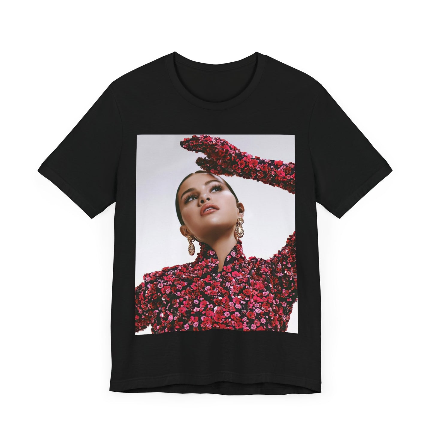 A black graphic t-shirt featuring a classic aesthetic graphic of Selena Gomez.