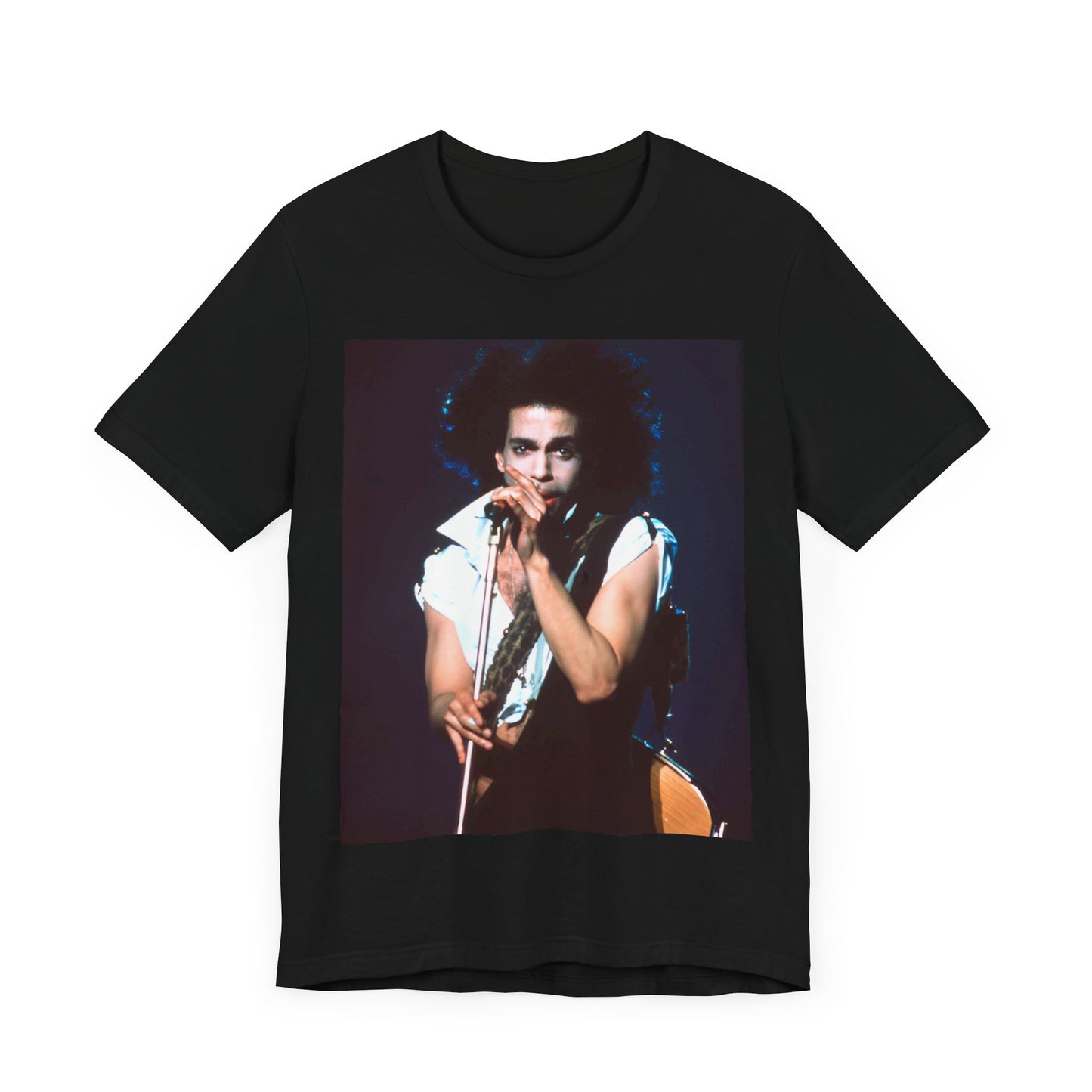 A black graphic t-shirt featuring a 90s live performance graphic of Prince.