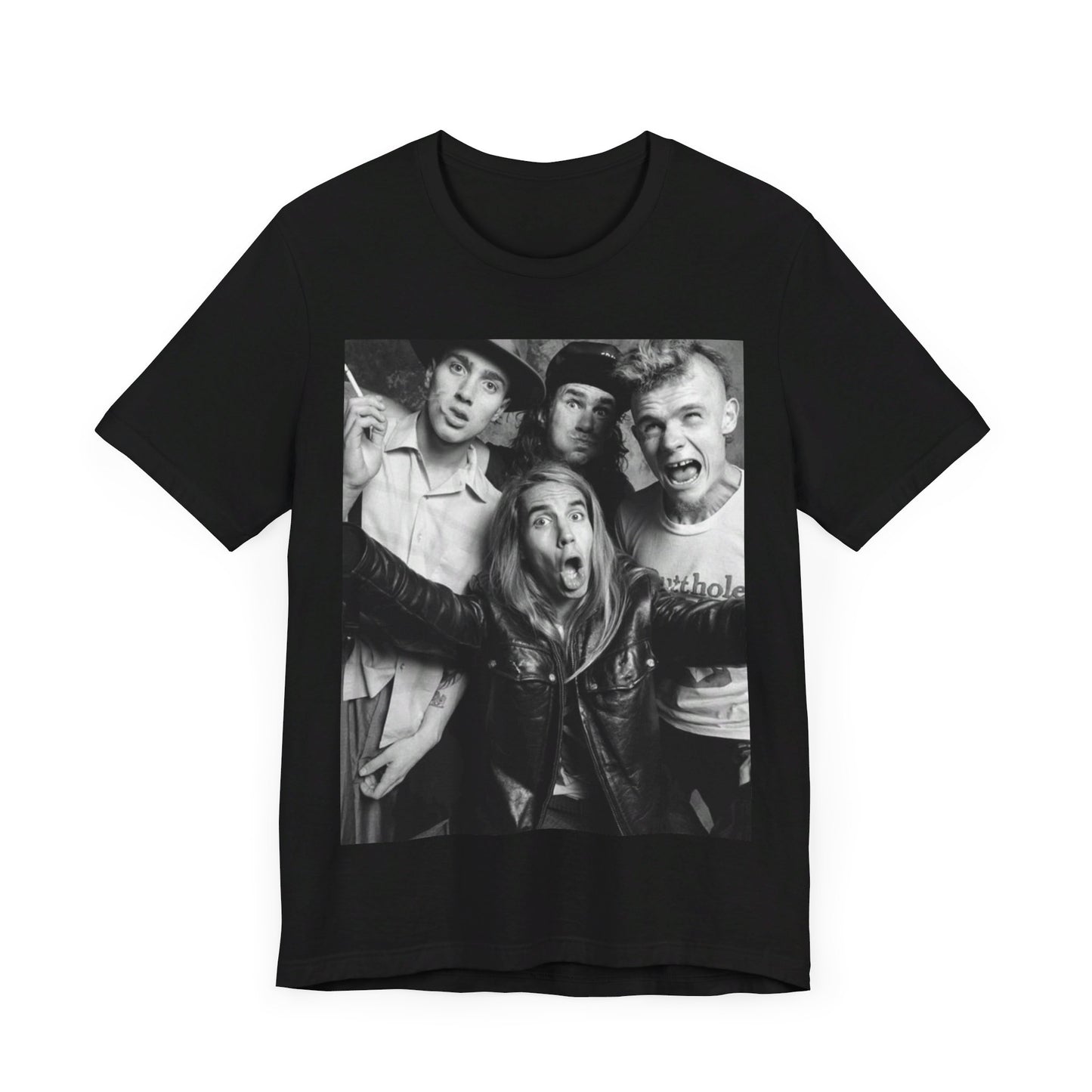 A black graphic t-shirt featuring an early days energy graphic of Red Hot Chili Peppers.