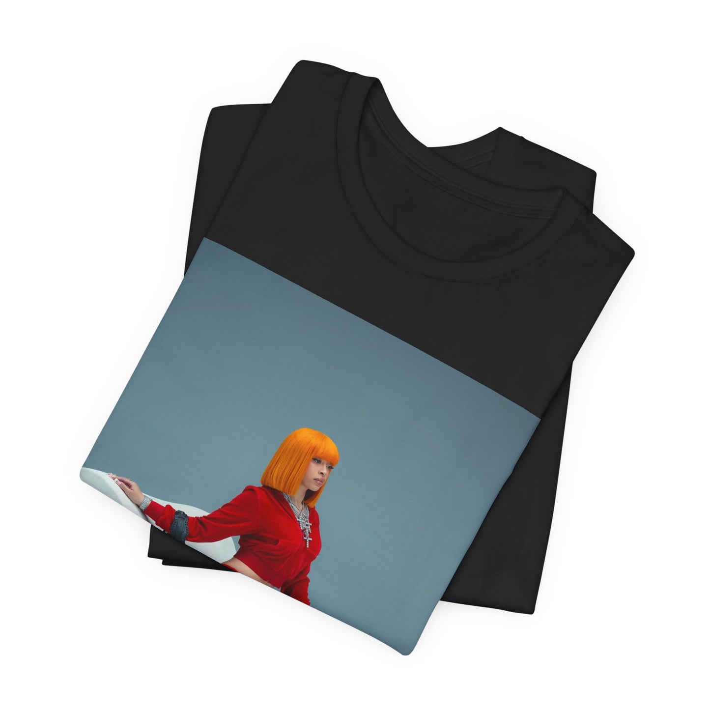 A black graphic t-shirt featuring a graphic of Ice Spice, designed with a rap aesthetic.