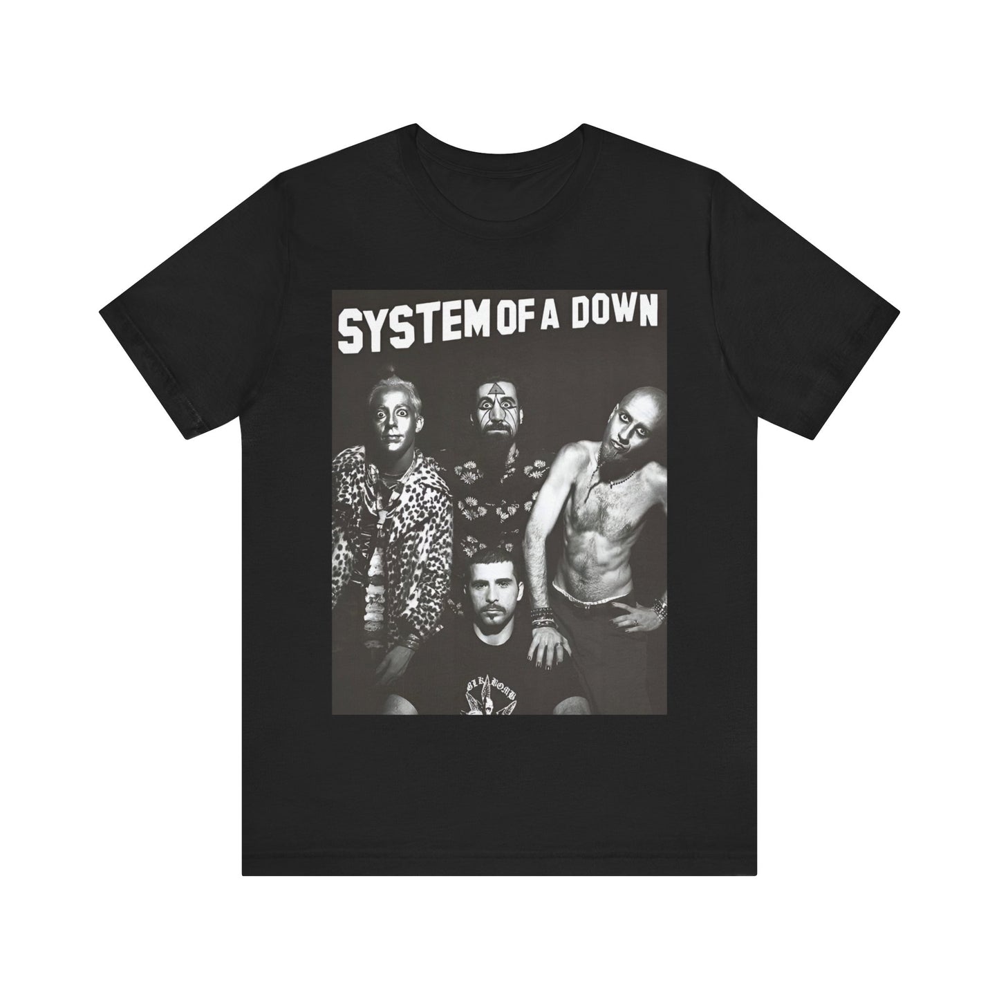 A black graphic t-shirt featuring a black and white graphic related to System of a Down's 'Chop Suey!' song or era.