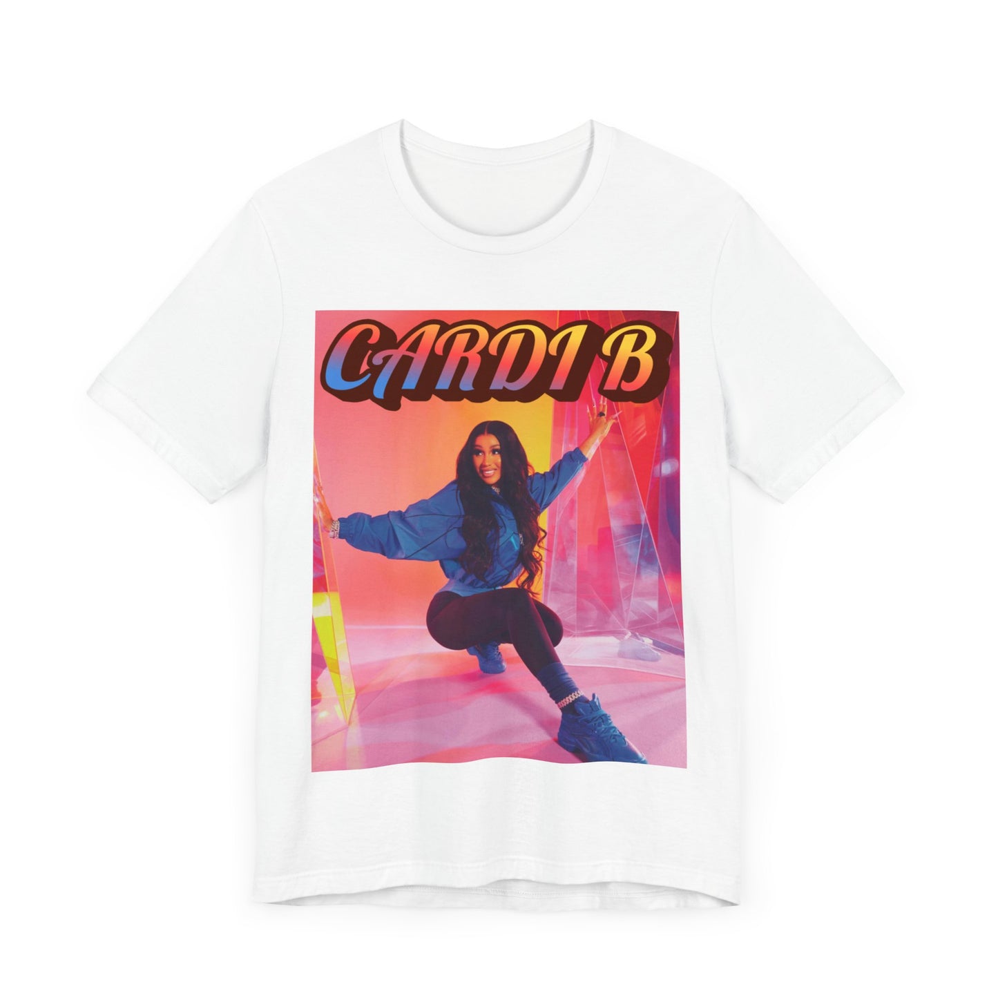 A black graphic t-shirt featuring a graphic of Cardi B, designed with a rap aesthetic.