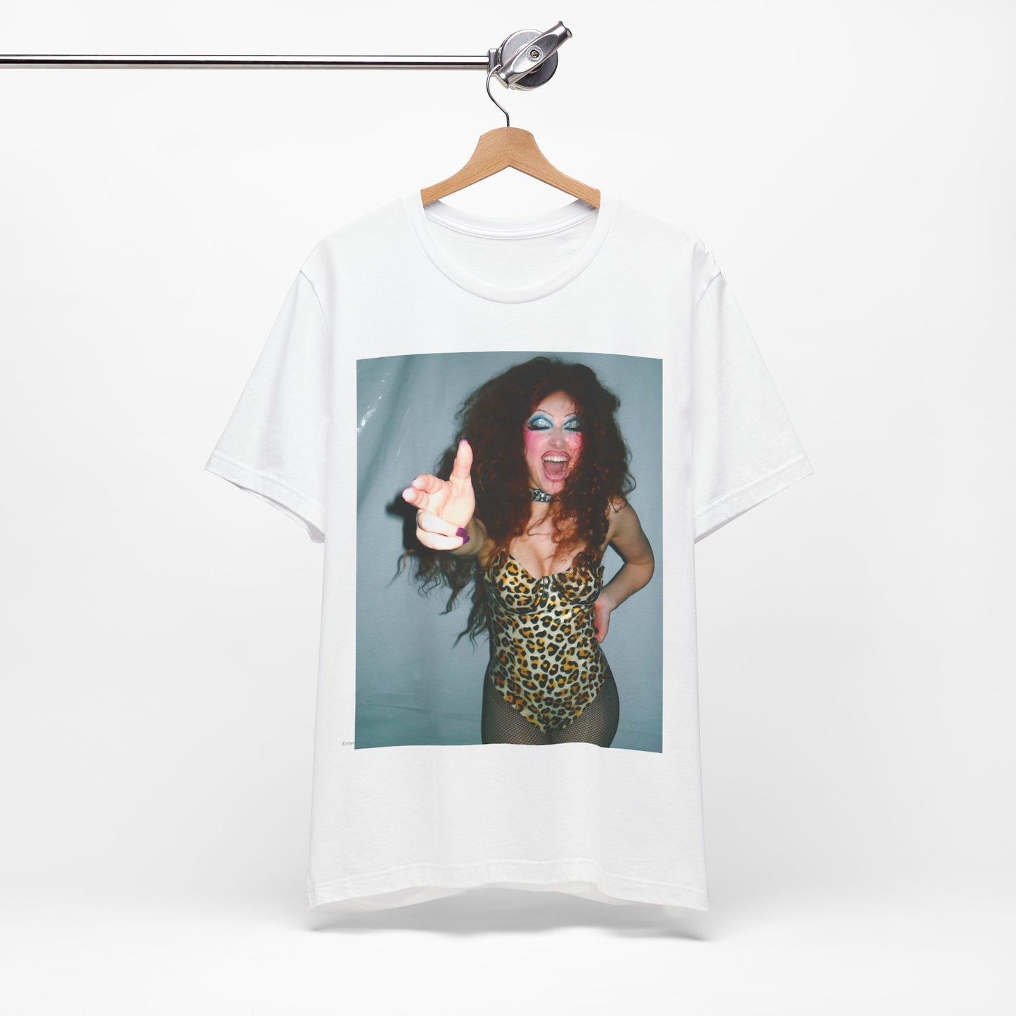 A black graphic t-shirt featuring a graphic of Chappell Roan as a modern queer pop icon.