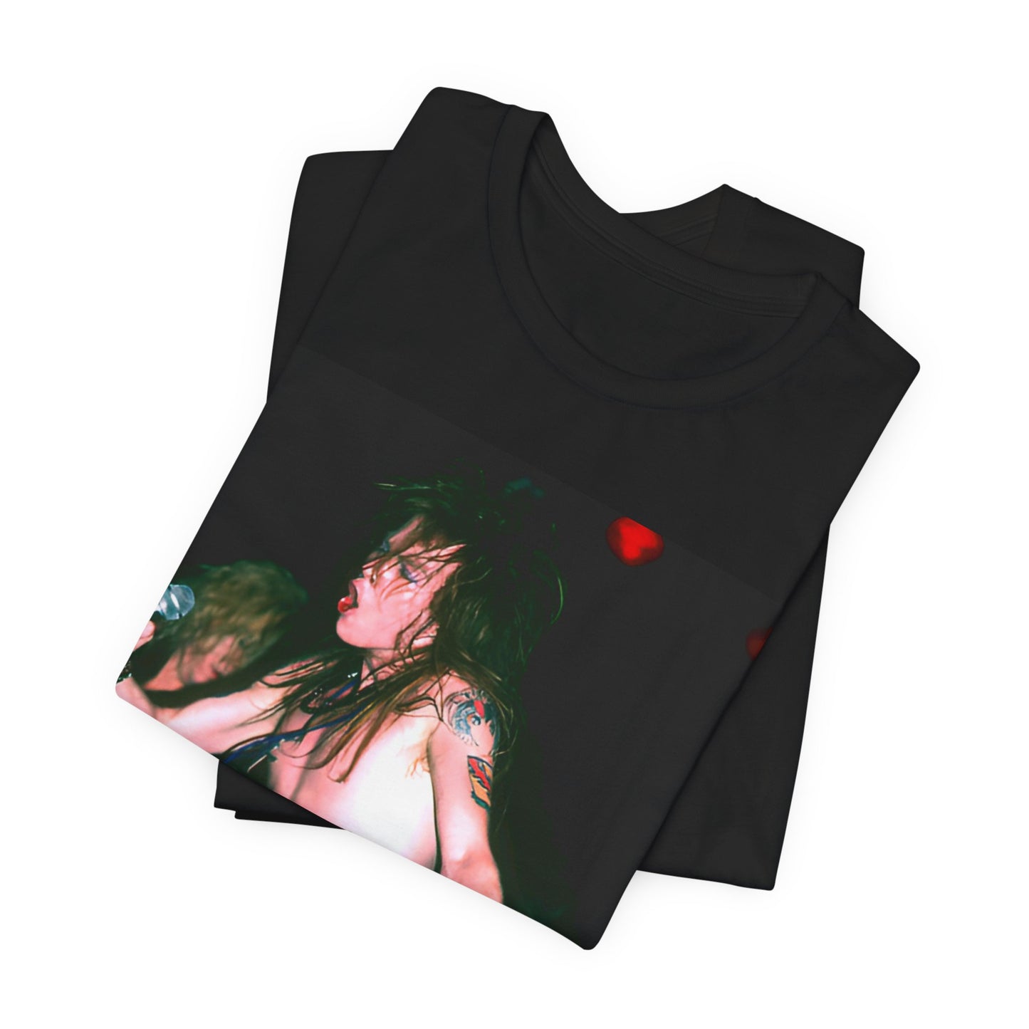 A black graphic t-shirt featuring a graphic of Axl Rose from Guns N' Roses performing on stage in the 80s.