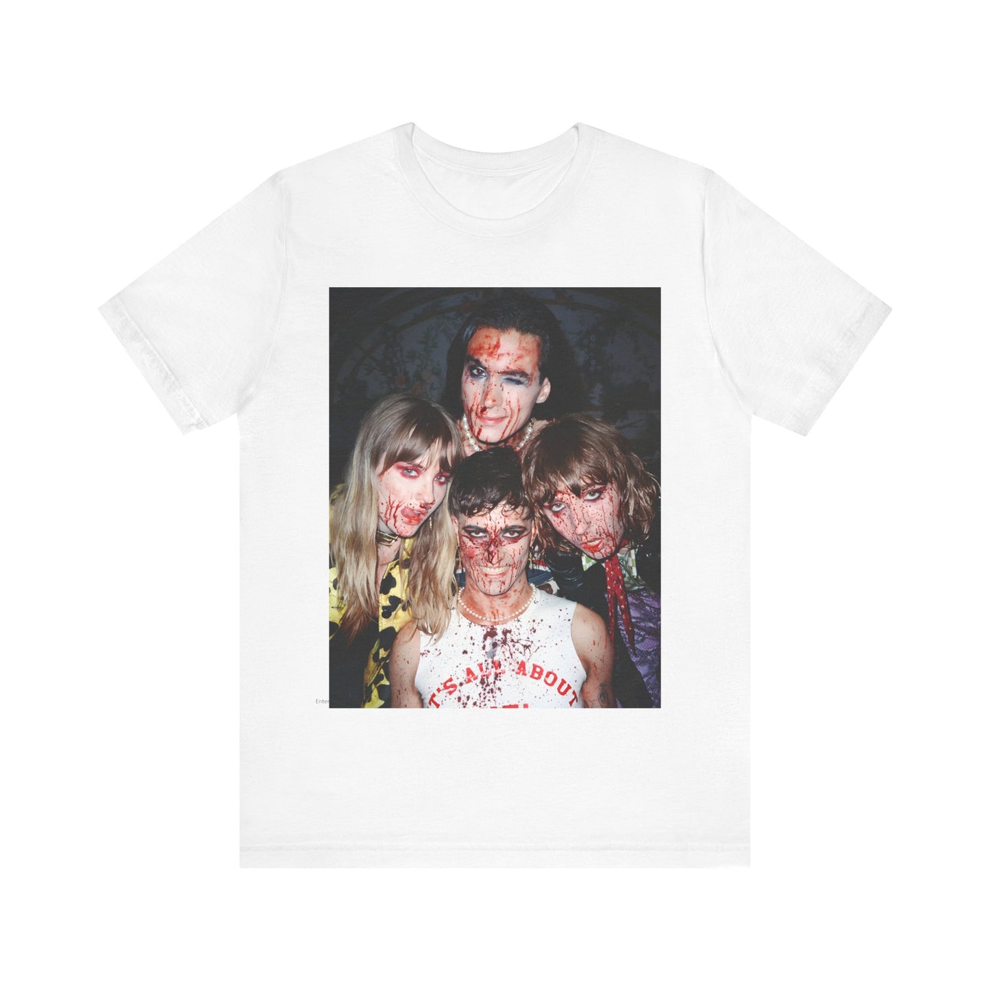 A black graphic t-shirt featuring a graphic of Maneskin celebrating their Eurovision win.