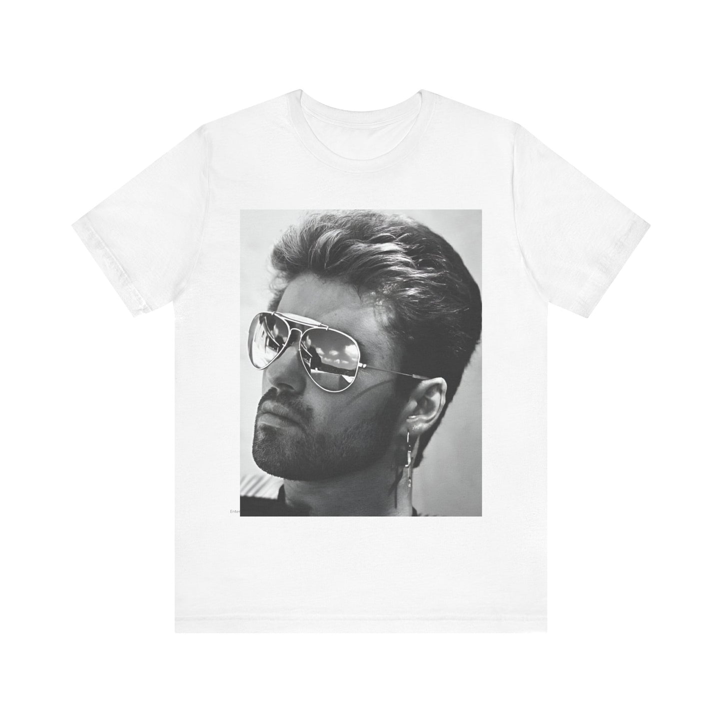 A black graphic t-shirt featuring a photo of George Michael wearing iconic sunglasses.
