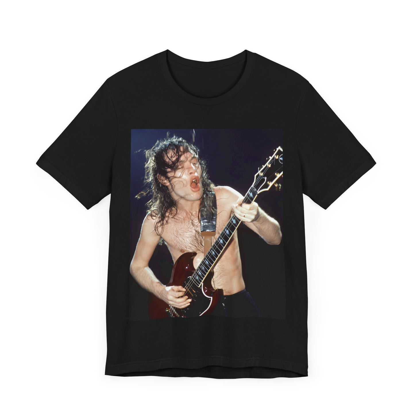 A graphic of AC/DC's lead guitarist, Angus Young, performing with high energy live on stage, printed on a t-shirt.