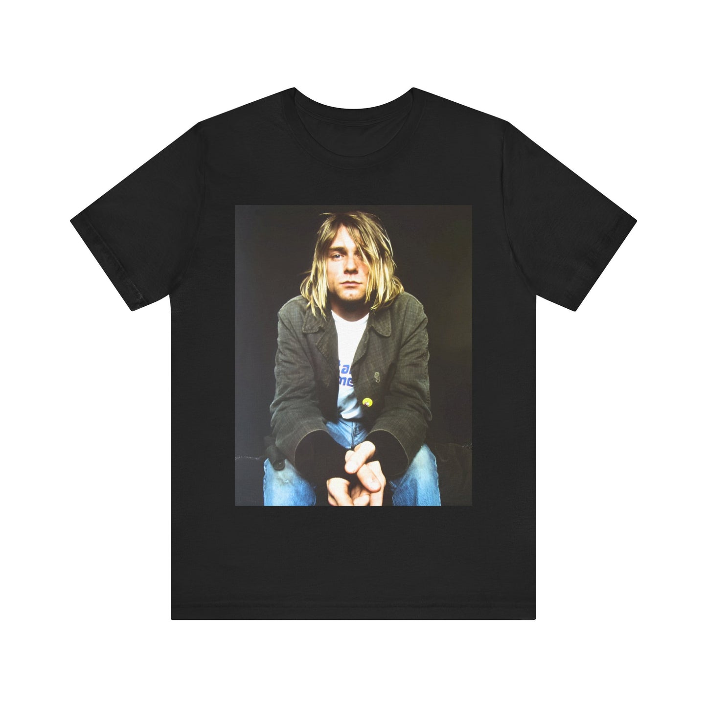 A black graphic t-shirt featuring an iconic graphic of Kurt Cobain from Nirvana.