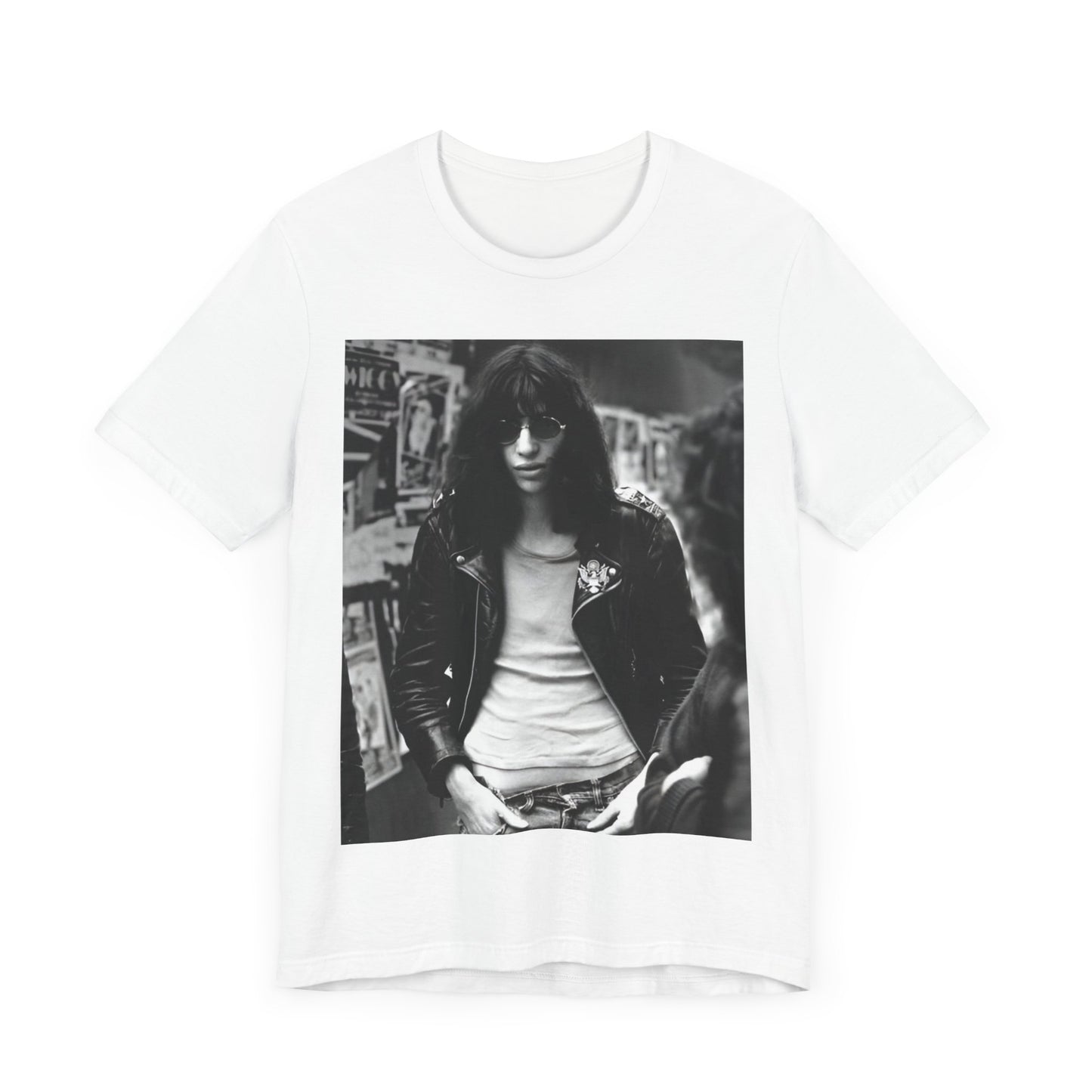 A black graphic t-shirt featuring a 70s black and white photo portrait of Joey Ramone from Ramones.