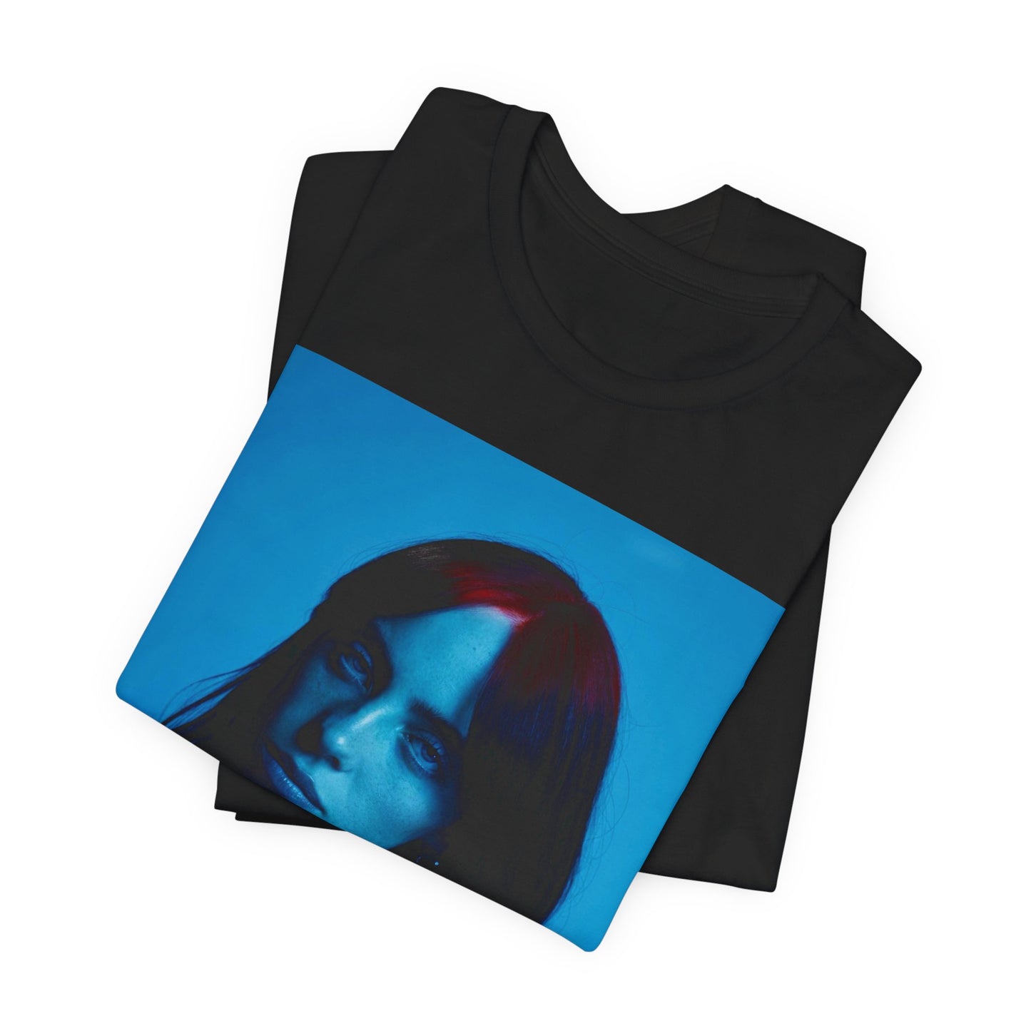 A soft, slightly blurred photo of Billie Eilish, evoking the dreamy and nostalgic feel of her song 'Ocean Eyes,' printed on a t-shirt.