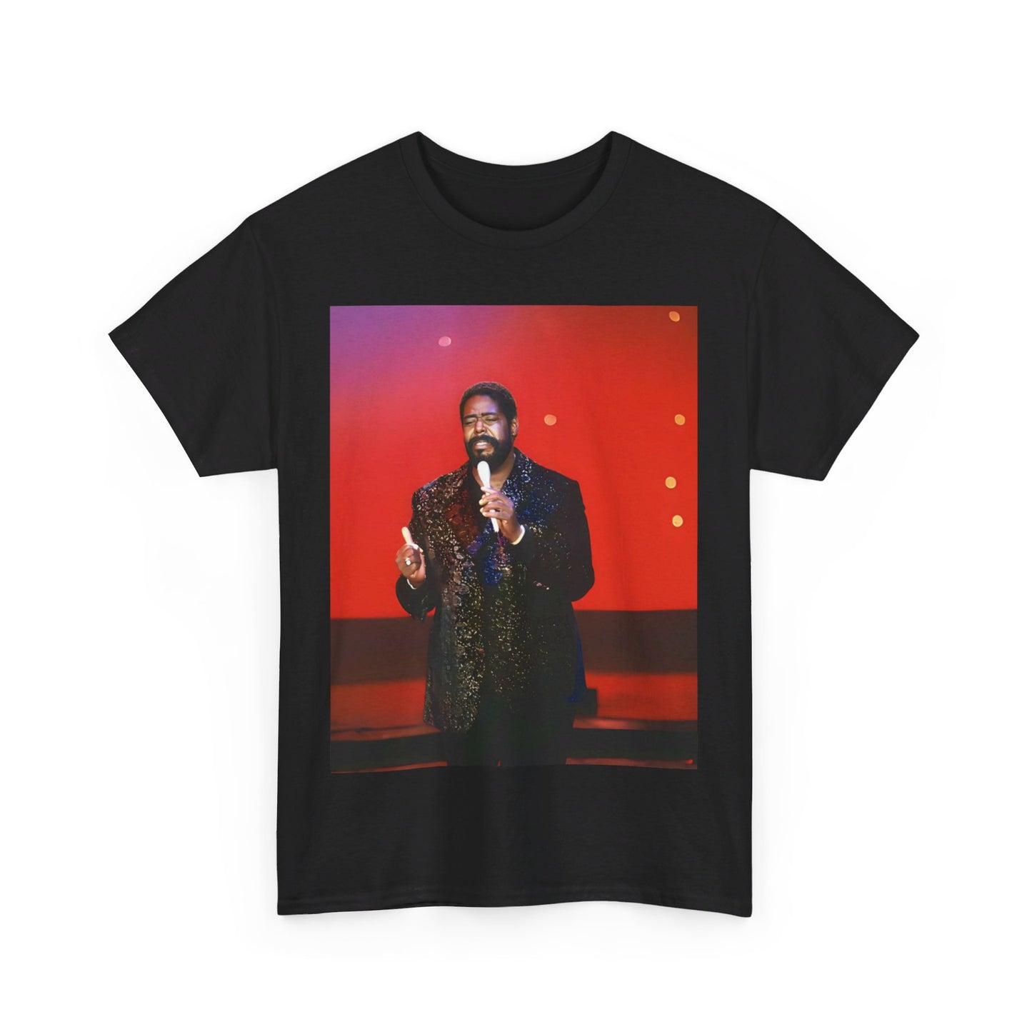 A black graphic t-shirt featuring a vintage graphic or photo of Barry White performing live on stage.