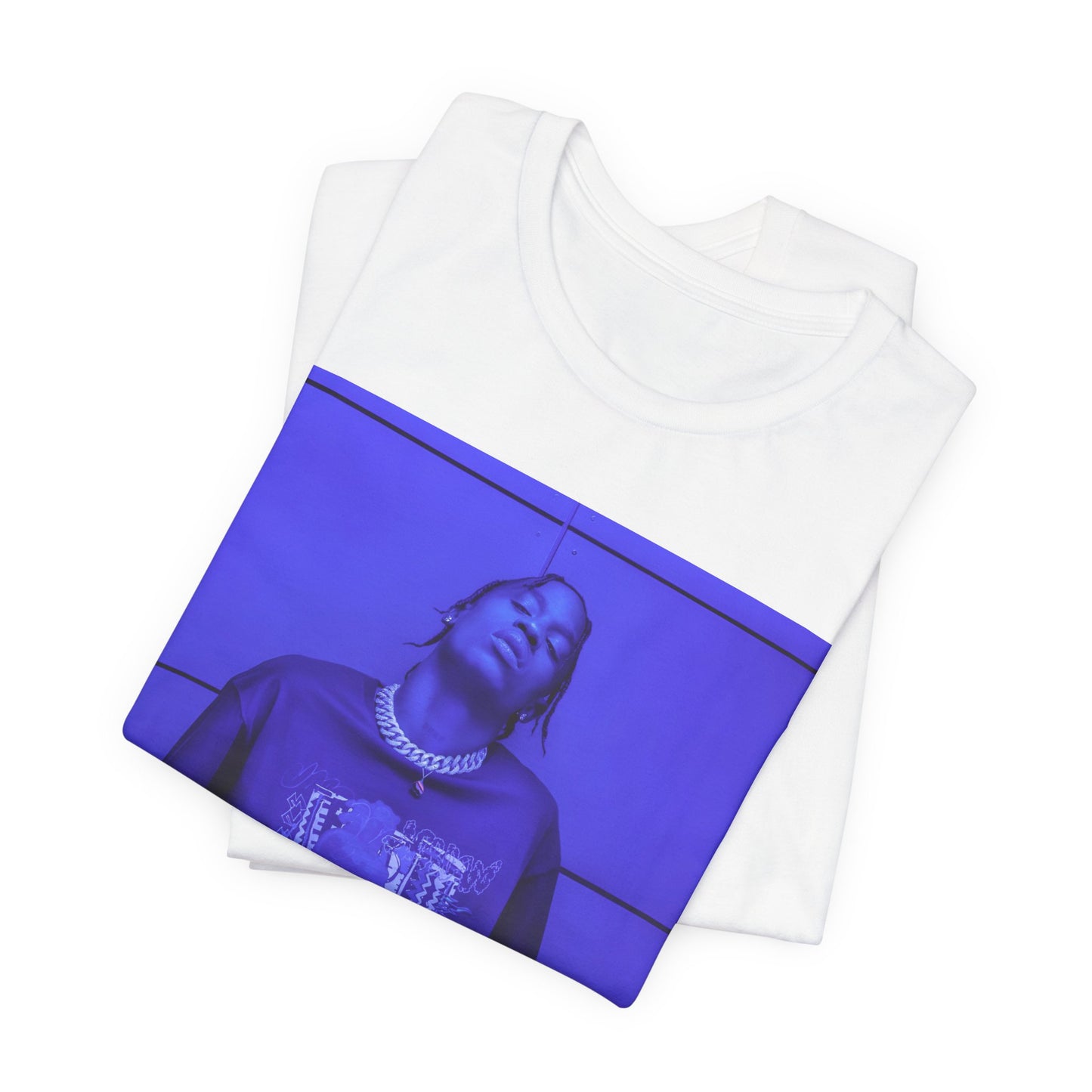 A black graphic t-shirt featuring a timeless trap star graphic of Travis Scott.