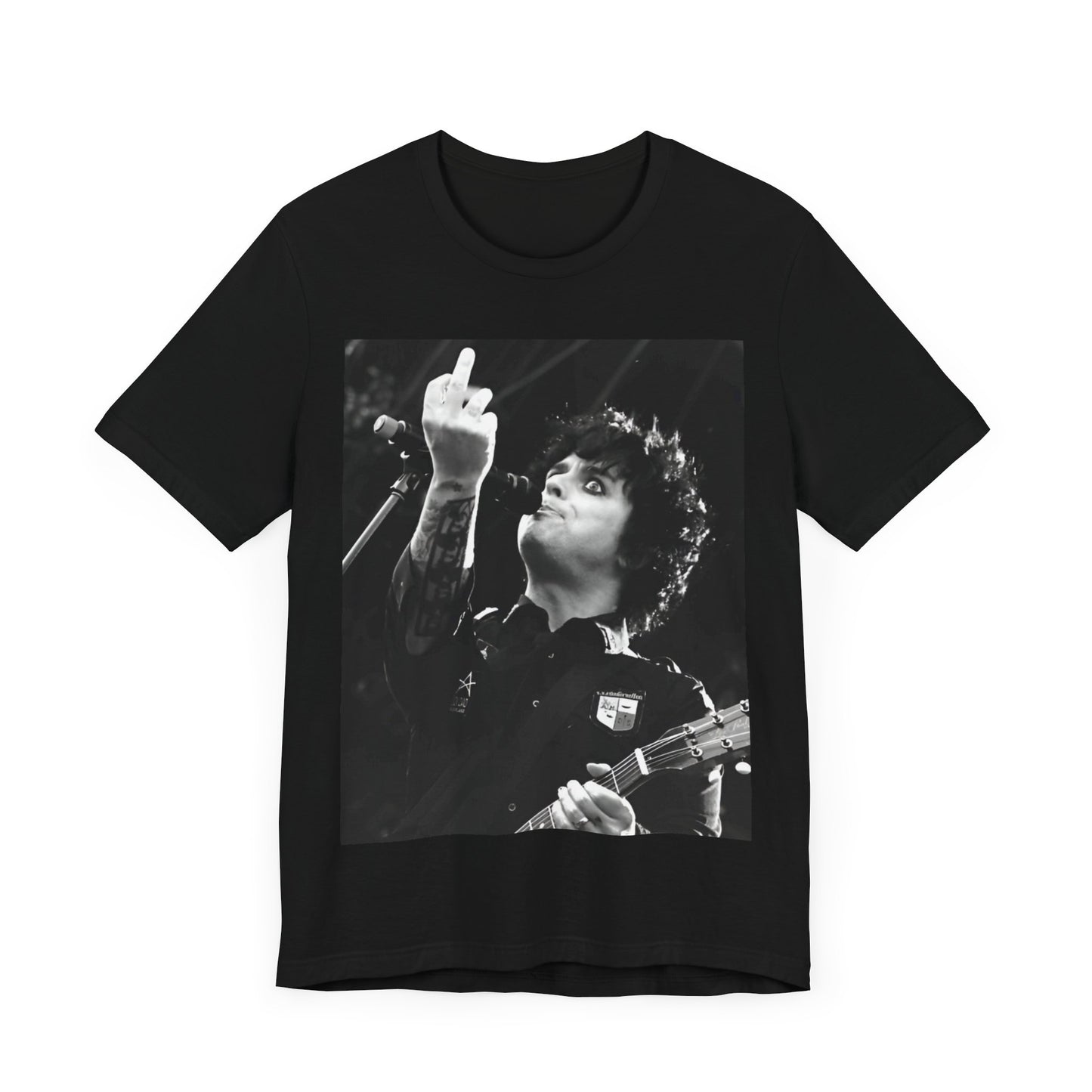 A black graphic t-shirt featuring a graphic of Billie Joe Armstrong from Green Day giving the middle finger during a concert.