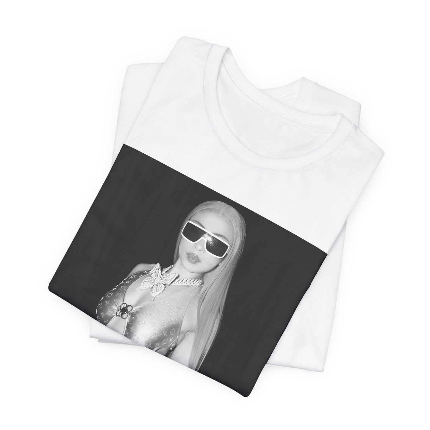 A black graphic t-shirt featuring a black and white graphic or photo of Ice Spice in a backstage setting.