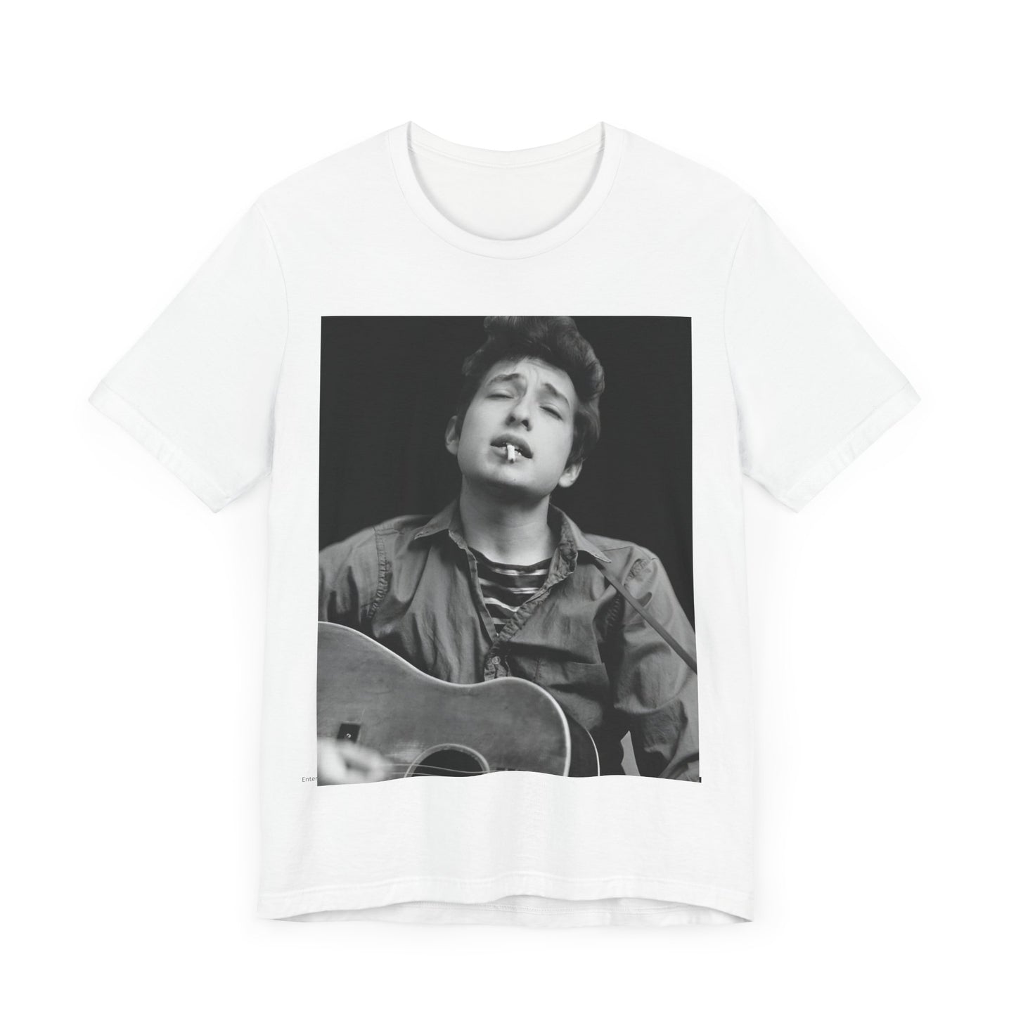 A black graphic t-shirt featuring a photo of Bob Dylan with his acoustic guitar.