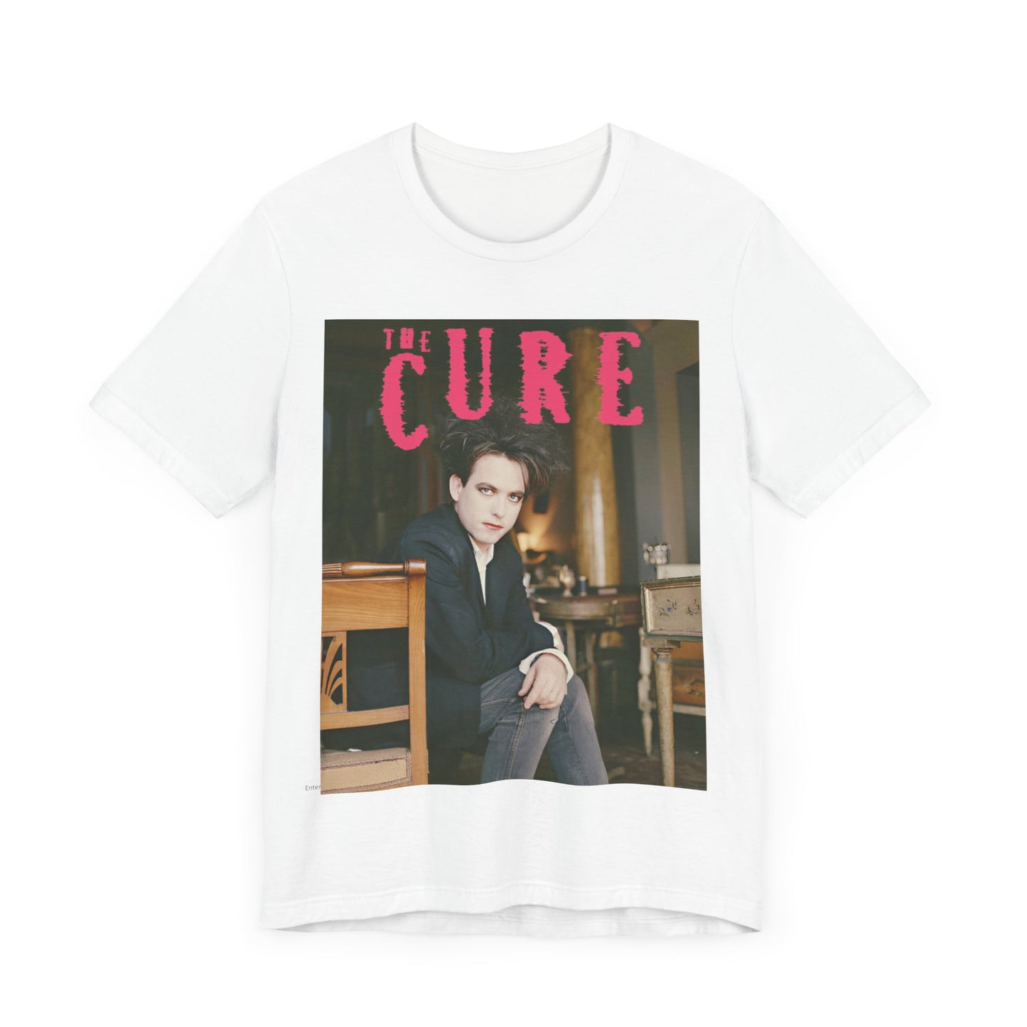 A black graphic t-shirt featuring a retro graphic related to The Cure's 'Disintegration' album era.