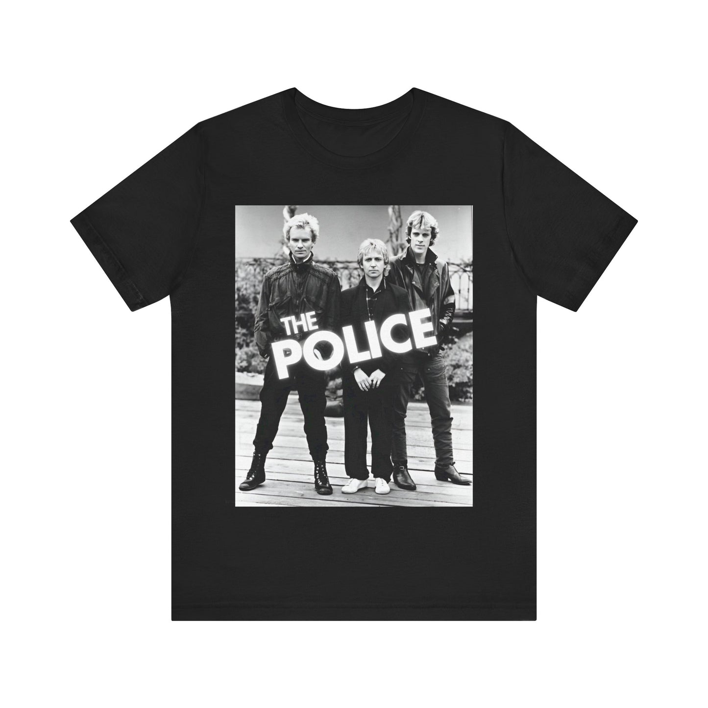 A black graphic t-shirt featuring an 80s pop rock aesthetic black and white graphic of The Police.