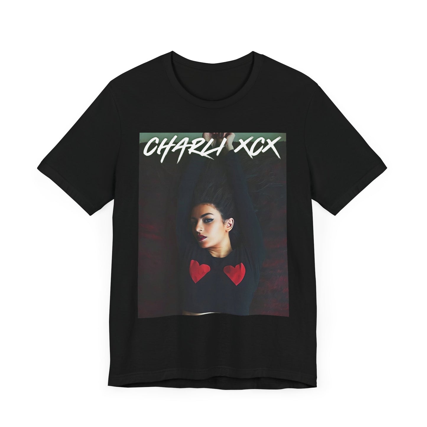 A black graphic t-shirt featuring a graphic of Charli XCX, designed with a future pop diva aesthetic.