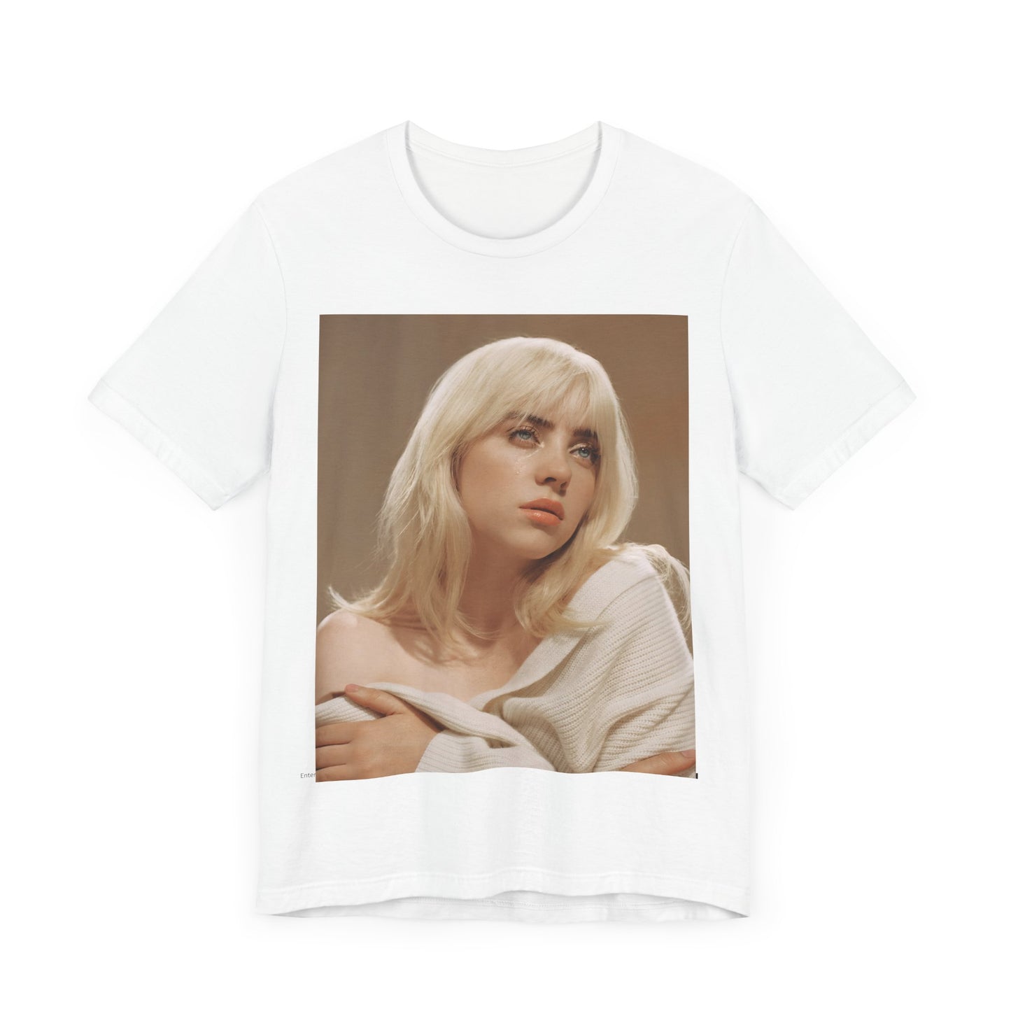 The iconic visual of Billie Eilish with black tears streaming down her face from the 'when the party's over' music video, printed on a t-shirt.