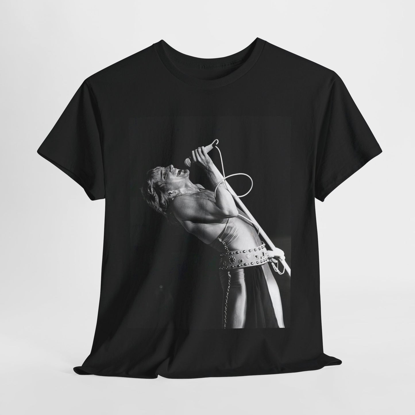 A black graphic t-shirt featuring a bold black and white graphic of Rod Stewart as a rock superstar.
