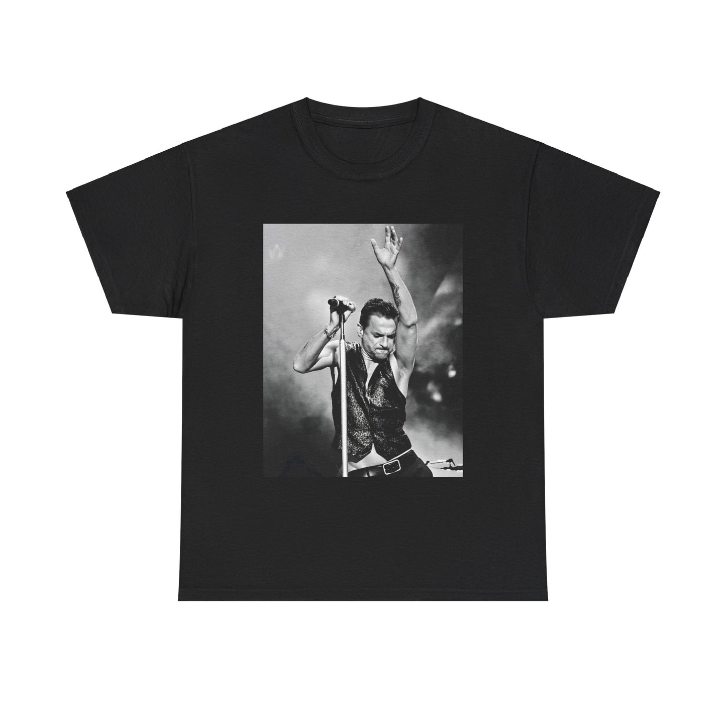 A black graphic t-shirt featuring a graphic or photo of Depeche Mode performing live on stage from the 'Personal Jesus' era.