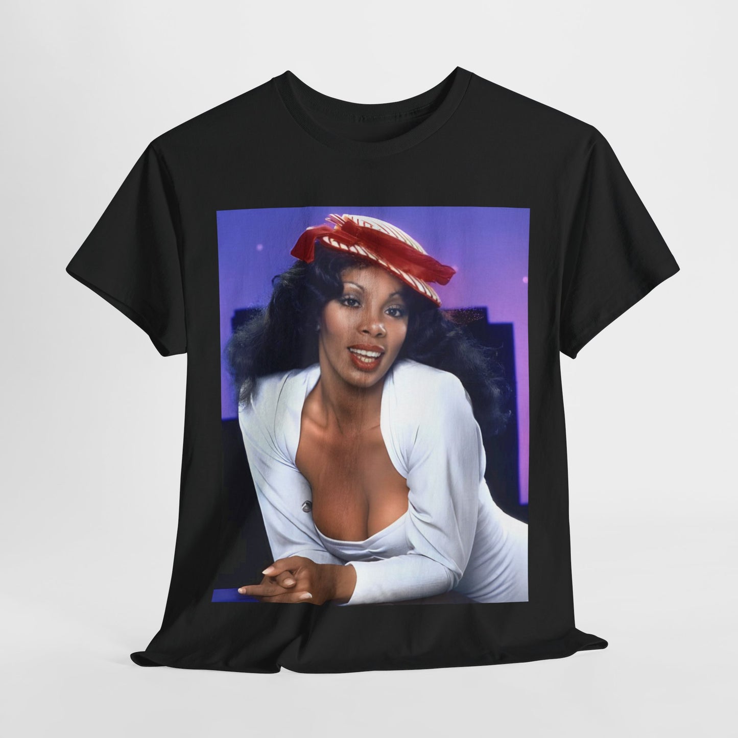 A black graphic t-shirt featuring a retro graphic related to Donna Summer's 'Bad Girls' album era.