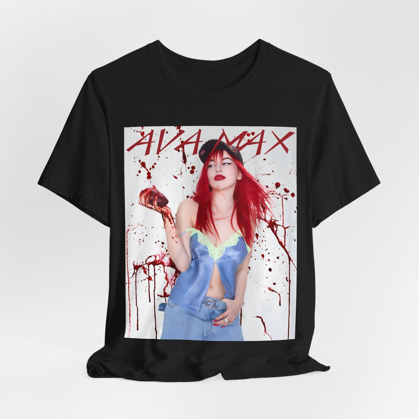 A black graphic t-shirt featuring a bold and vibrant pop art style graphic of Ava Max.