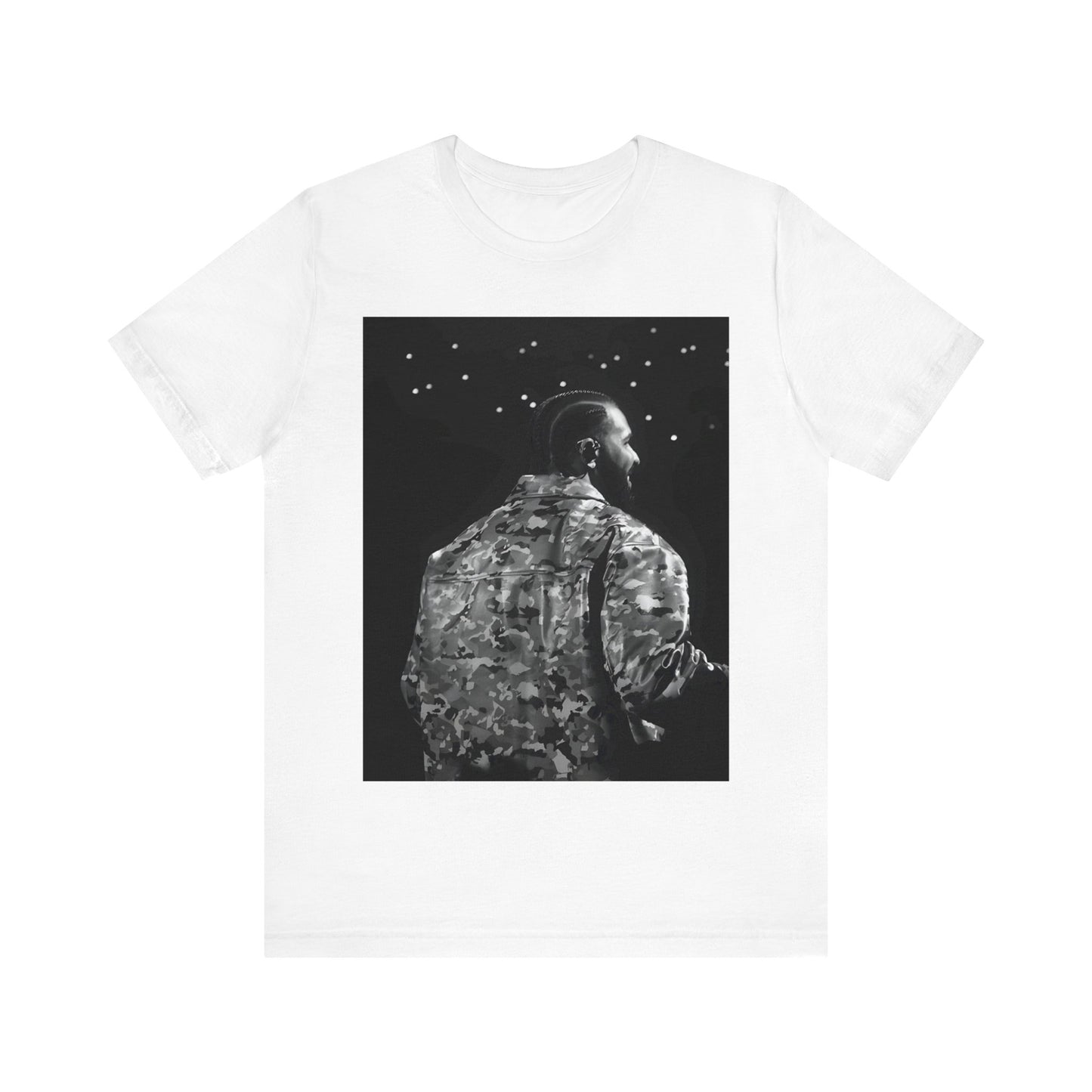 A black graphic t-shirt featuring a black and white graphic or photo of Drake performing live on stage.