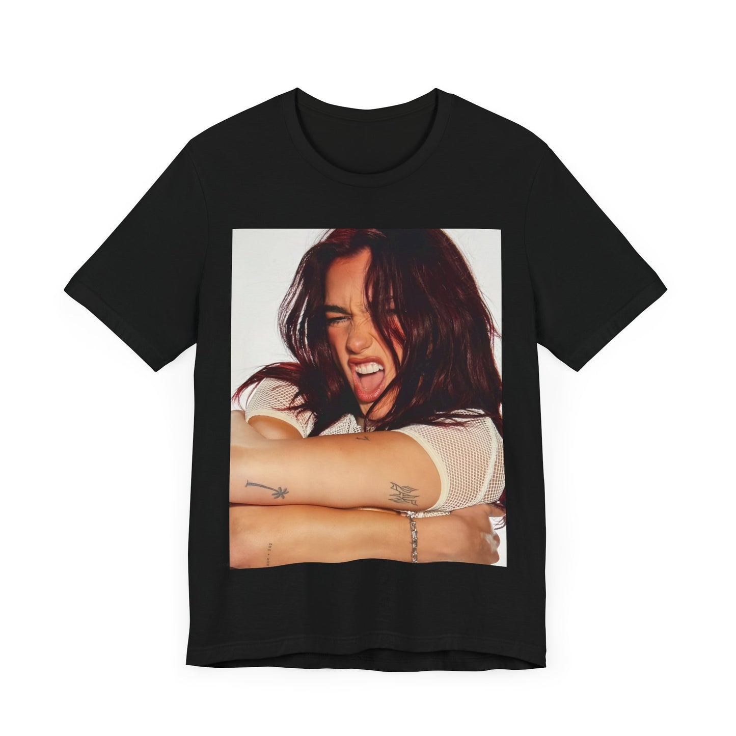 A black graphic t-shirt featuring a bold disco pop graphic of Dua Lipa as a superstar.