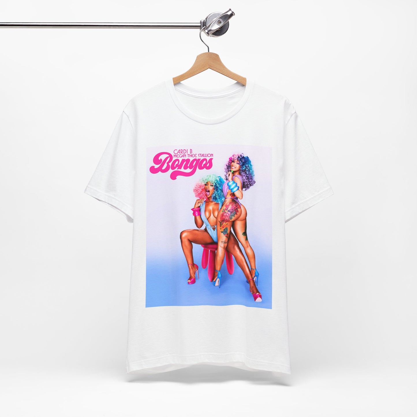 A black graphic t-shirt featuring the single artwork for Cardi B's song "Bongos."