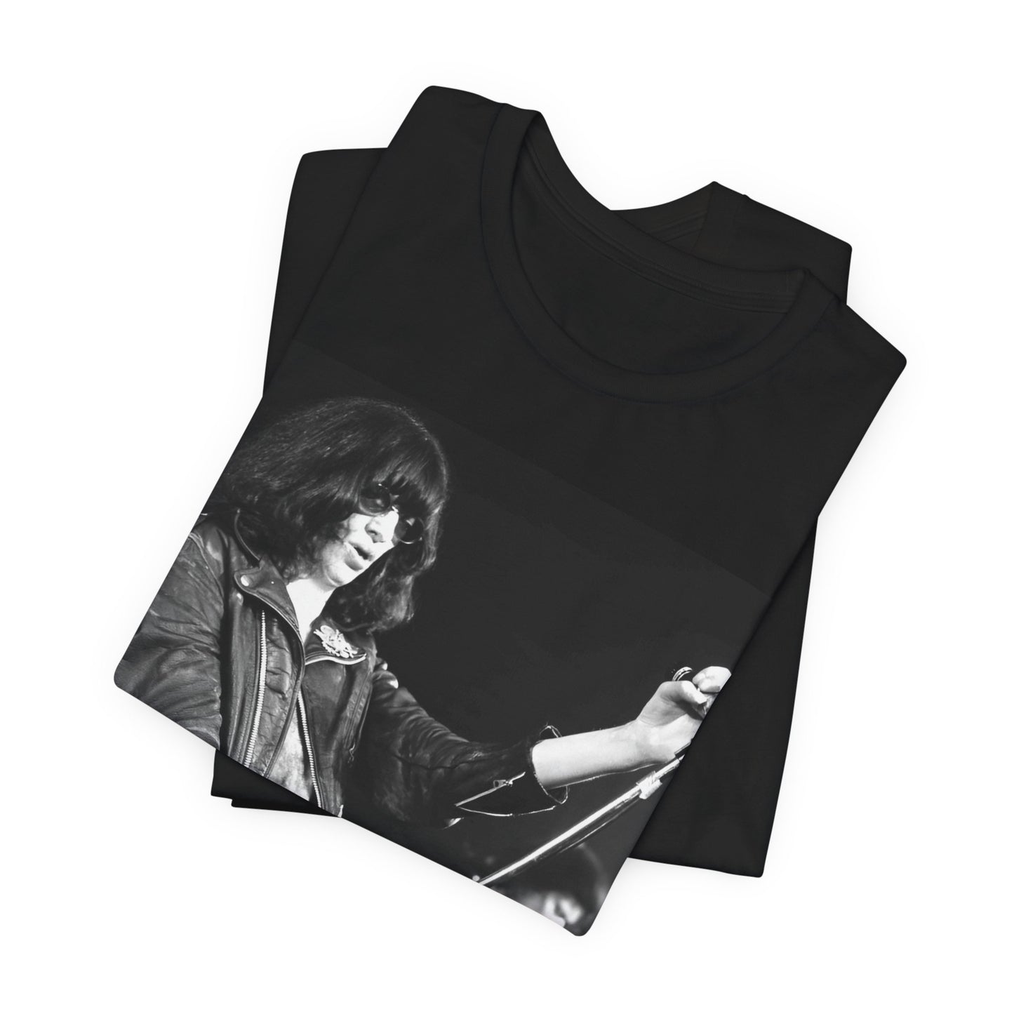 A black graphic t-shirt featuring a graphic of Joey Ramone from Ramones as the Godfather of Punk.