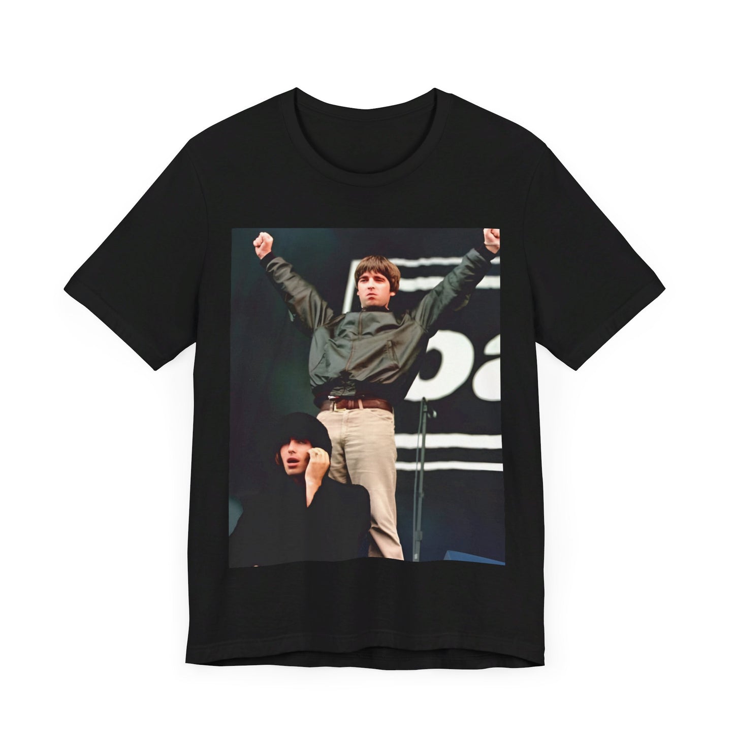 A black graphic t-shirt featuring a graphic or photo of Liam and Noel Gallagher from Oasis performing live on stage.