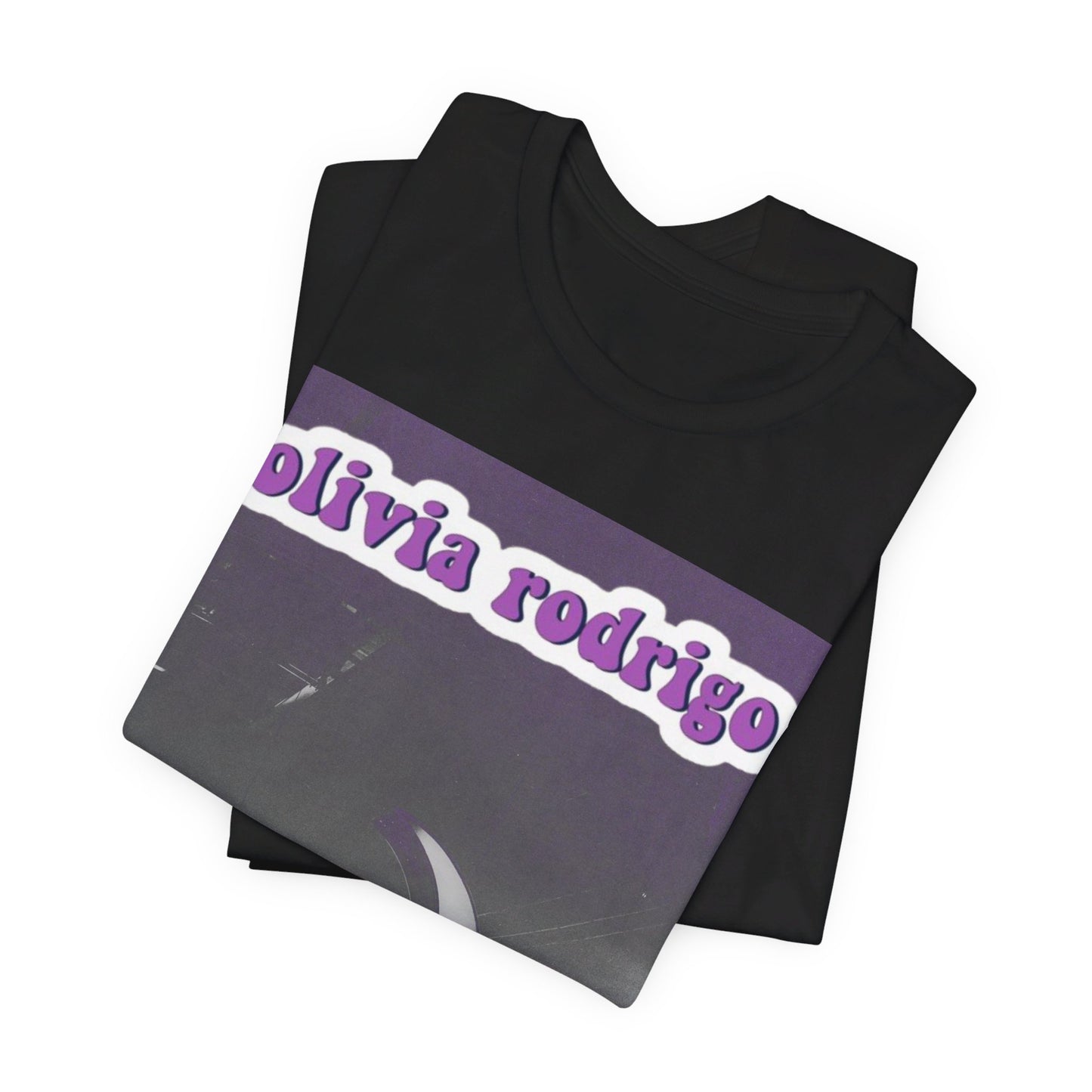 A black graphic t-shirt featuring a graphic or photo of Olivia Rodrigo performing live on stage.