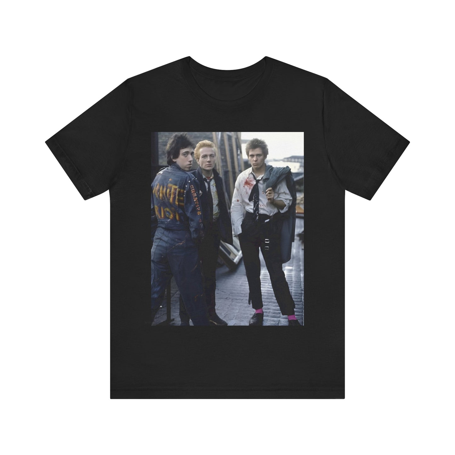 A black graphic t-shirt featuring a graphic of The Clash with a fearless attitude.
