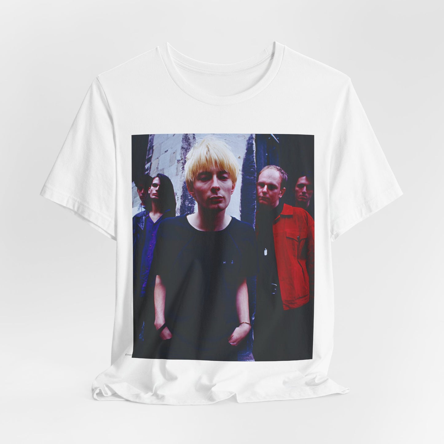 A black graphic t-shirt featuring a graphic of Radiohead as unapologetic art rock icons.