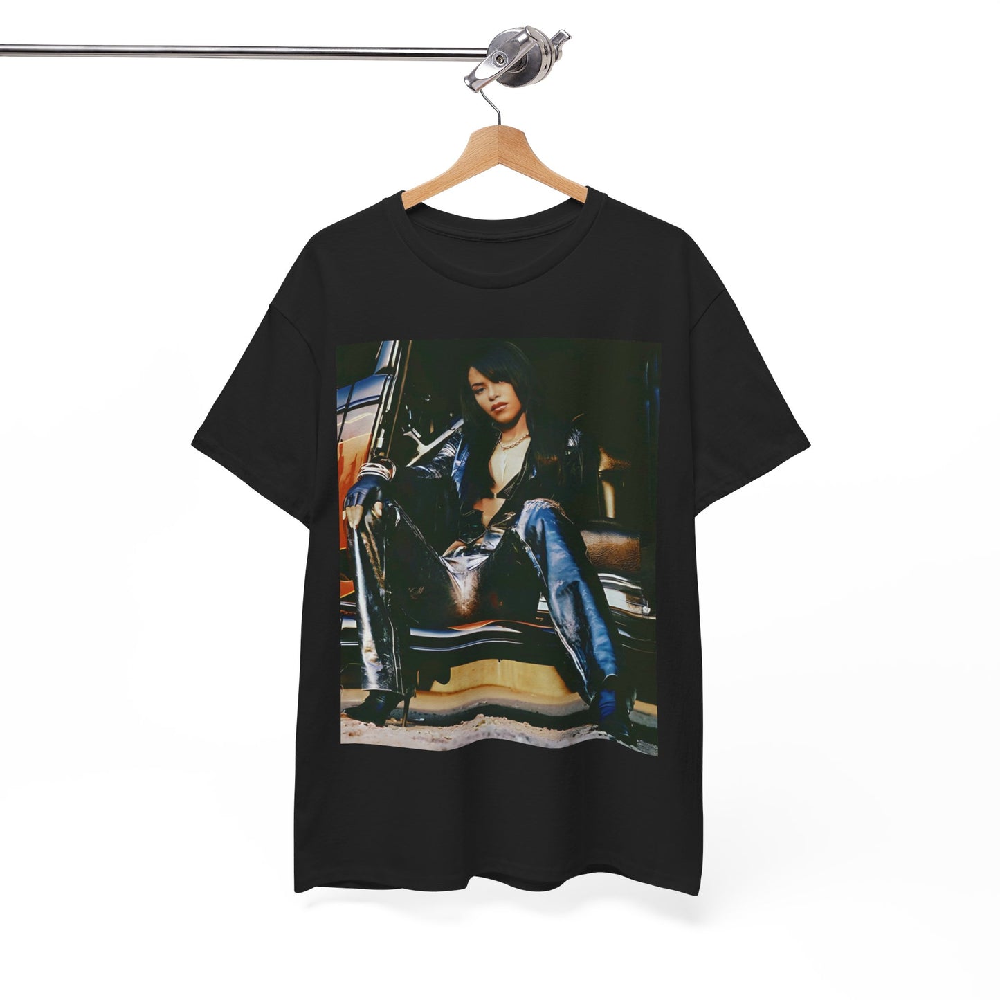A black graphic t-shirt featuring a cool futuristic R&B graphic of Aaliyah.